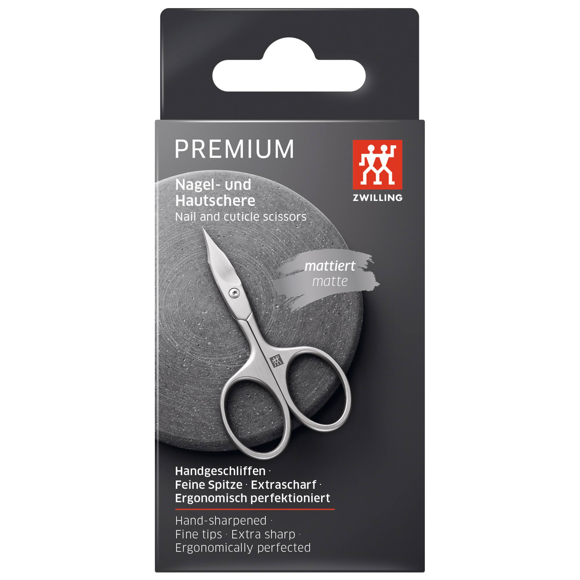 PREMIUM Nagel- und Hautschere Nail and cuticle scissors ZWILLING mattiert matte Handgeschliffen Hand-sharpened Feine Spitze Fine tips Extrascharf Extra sharp Ergonomisch perfektioniert Ergonomically perfected