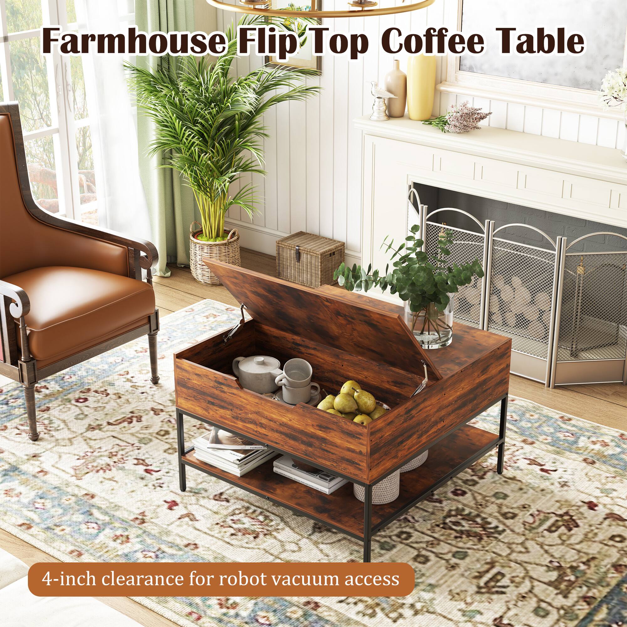 Farmhouse Flip Top Coffee Table

4-inch clearance for robot vacuum access