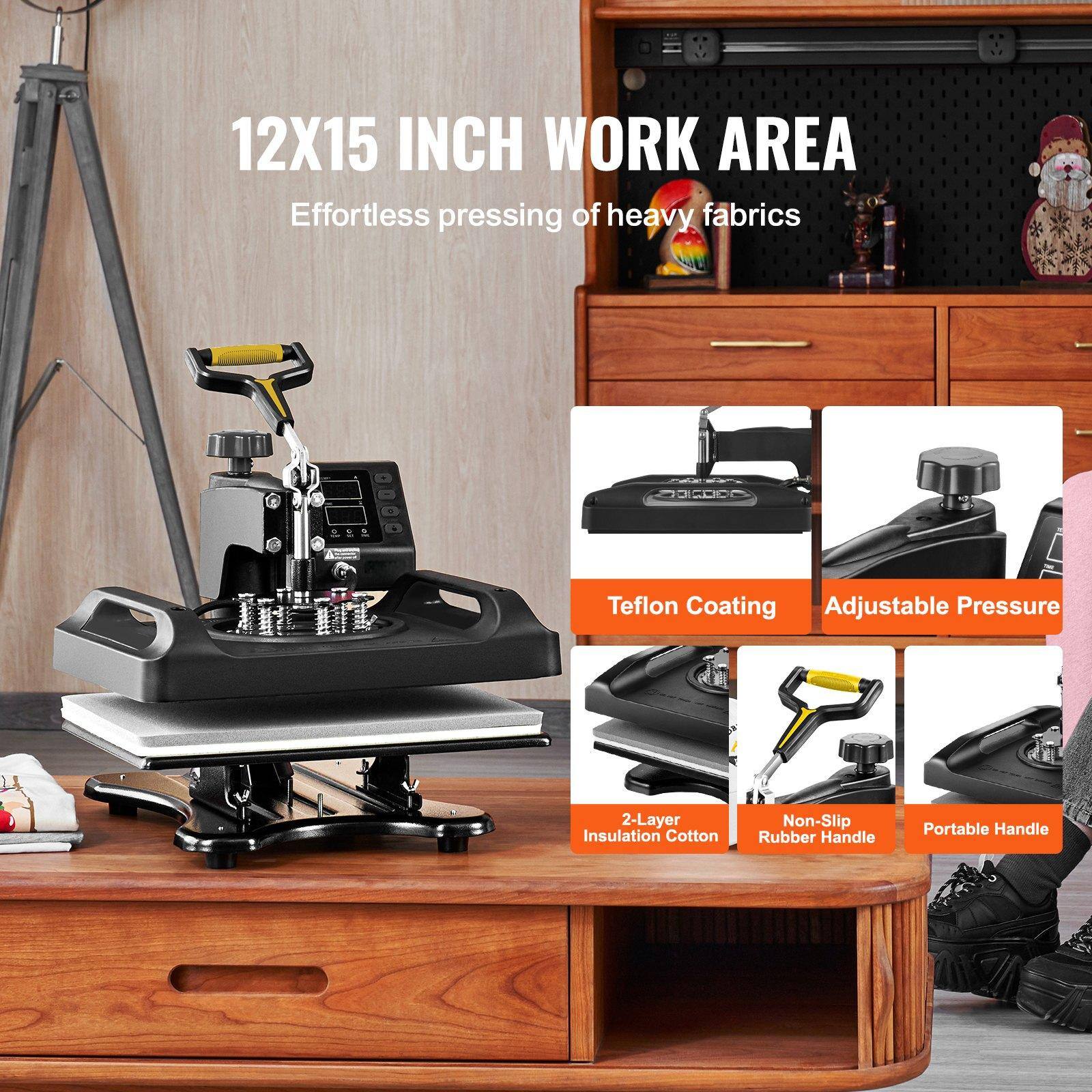 12X15 INCH WORK AREA  
Effortless pressing of heavy fabrics  

- Teflon Coating  
- Adjustable Pressure  
- 2-Layer Insulation Cotton  
- Non-Slip Rubber Handle  
- Portable Handle