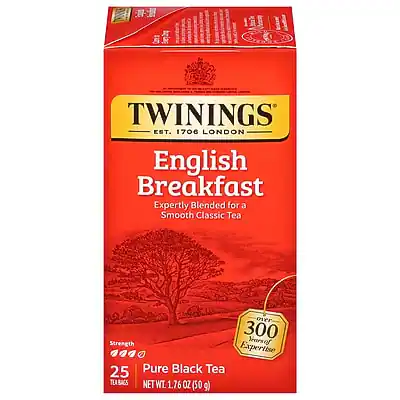 TWININGS
EST. 1706 LONDON
English Breakfast
Expertly Blended for a Smooth Classic Tea
Strength
300
Seals of Expertise
25 Pure Black Tea TEABAGS
NET WT. 1.76 OZ (50g)