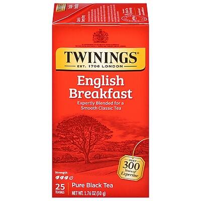 TWININGS  
EST. 1706 LONDON  

English Breakfast  
Expertly Blended for a Smooth Classic Tea  

Strength  
300  
Seals of Expertise  

25 Pure Black Tea TEABAGS  
NET WT. 1.76 OZ (50g)