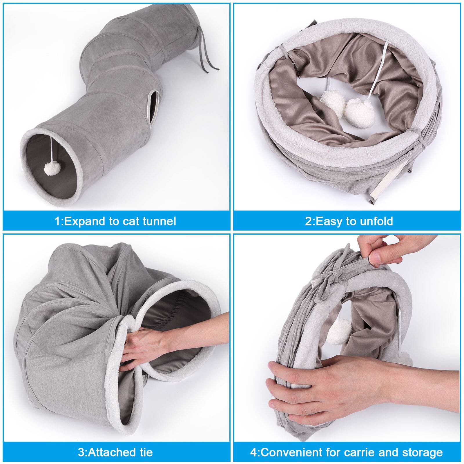 1: Expand to cat tunnel
2: Easy to unfold
3: Attached tie
4: Convenient for carry and storage