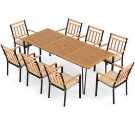 Mondawe - 9 Pieces Patio Dining Outdoor Furniture Set with 8 Chairs and Umbrella Hole - Acacia Wood, Metal