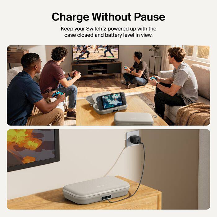 Charge Without Pause  
Keep your Switch 2 powered up with the case closed and battery level in view.