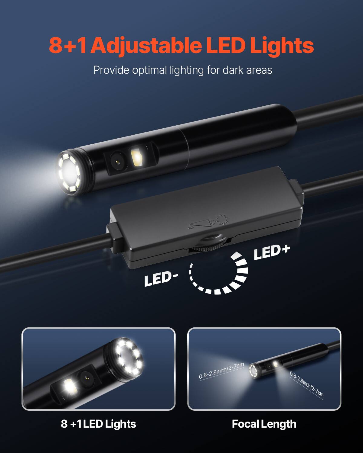 8+1 Adjustable LED Lights  
Provide optimal lighting for dark areas  

LED- LED+  

0.8-2.8inch/2-7cm  

8 +1 LED Lights  

Focal Length