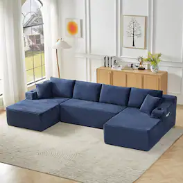 Aukfa - U-Shaped Sectional Sofa Set - Minimalist Modular Design, Corduroy Cloud Couch for Living Room - Blue