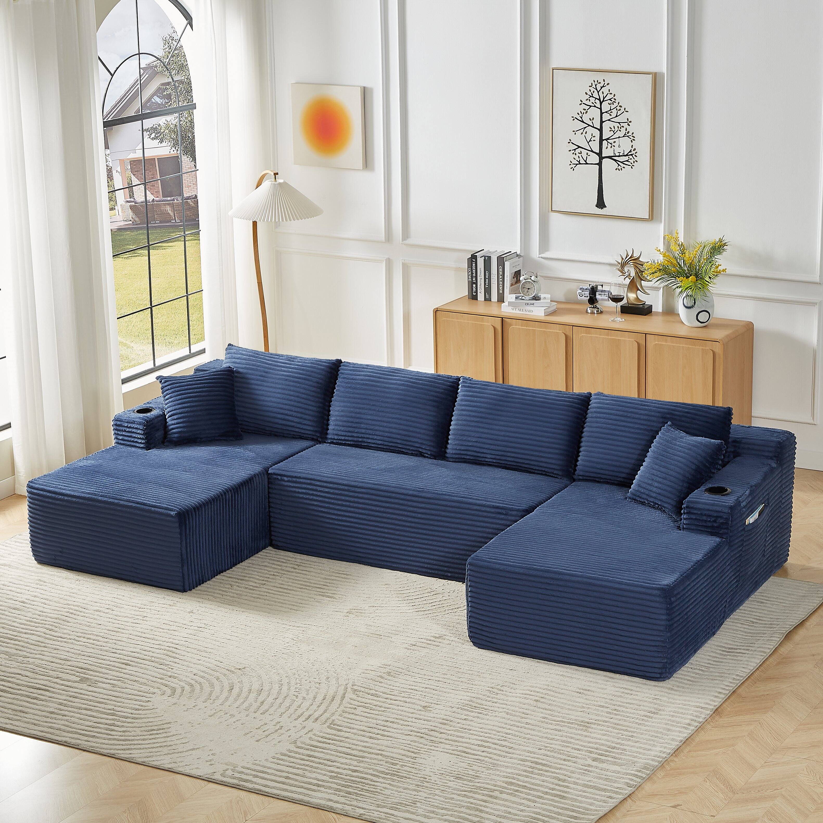 Front. Aukfa - U-Shaped Sectional Sofa Set - Minimalist Modular Design, Corduroy Cloud Couch for Living Room - Blue.