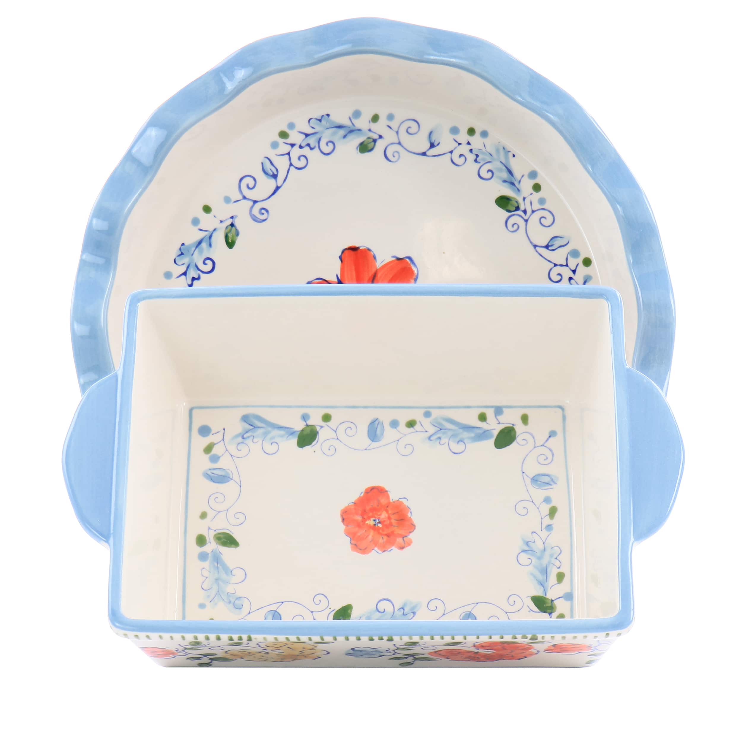 Gibson - Elite Anaya 2 Piece Stoneware Bakeware Set with Hand Painted Designs - White and Blue