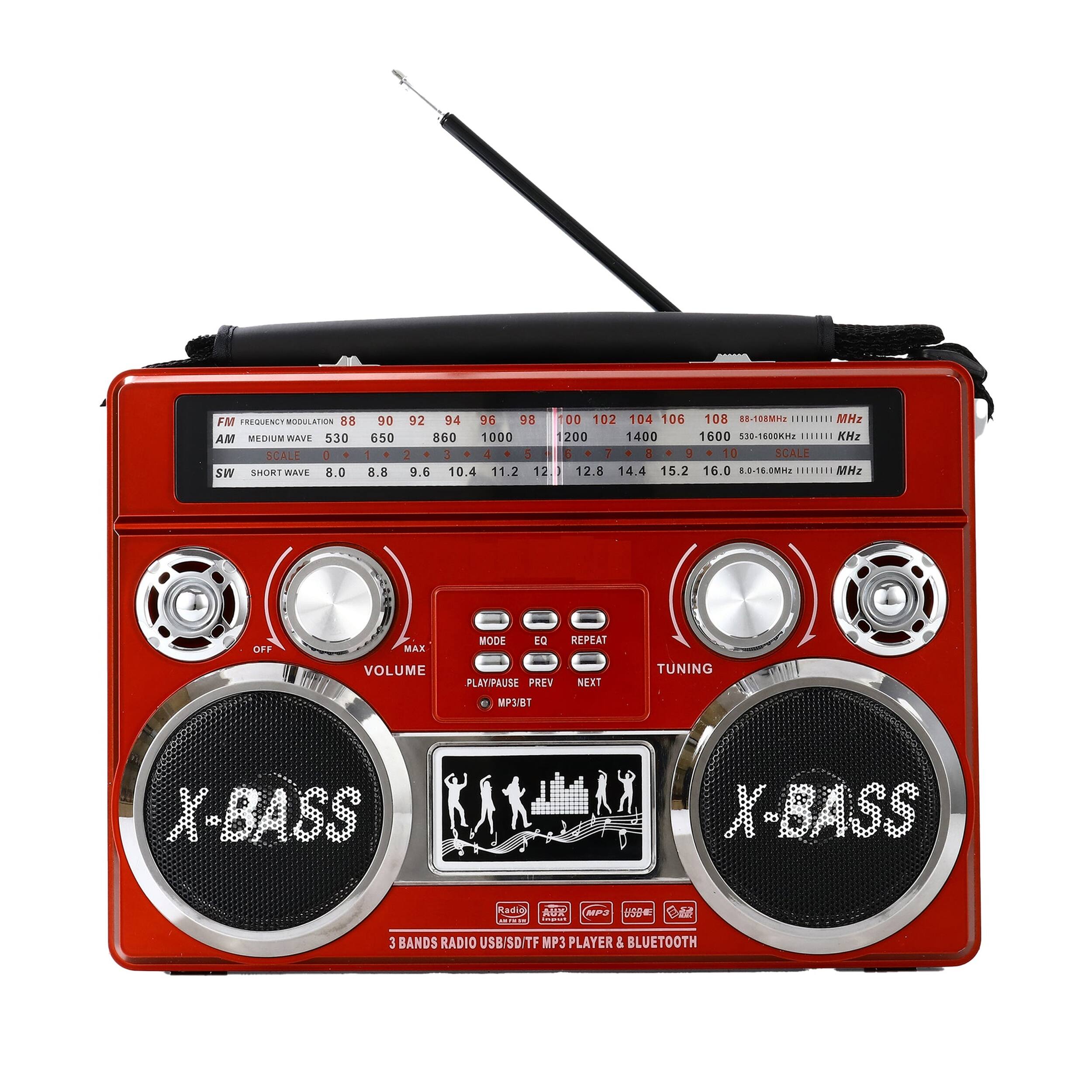 FM FREQUENCY MODULATION 88 90 92 94 96 98 100 102 104 106 108 88-108MHz |||||||| MHz

AM MEDIUM WAVE 530 650 860 1000 1200 1400 1600 530-1600kHz |||||||| KHz

SW SHORT WAVE 8.0 8.8 9.6 10.4 11.2 12.8 14.4 15.2 16.0 8.0-16.0MHz |||||||| MHz

SCALE 0 1 2 3 4 5 6 7 8 9 10

VOLUME MAX

MODE EQ OFF

PLAY/PAUSE PREV NEXT

REPEAT

TUNING

X-BASS

3 BANDS RADIO USB/SD/TF MP3 PLAYER & BLUETOOTH
