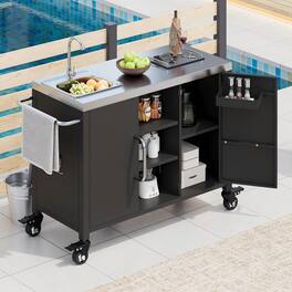 APRILSOUL - 55.5 in Outdoor Kitchen Island with Sink Metal Grill Cart Table with 304 Stainless Steel Sink Outdoor Cart Sink Station - Black