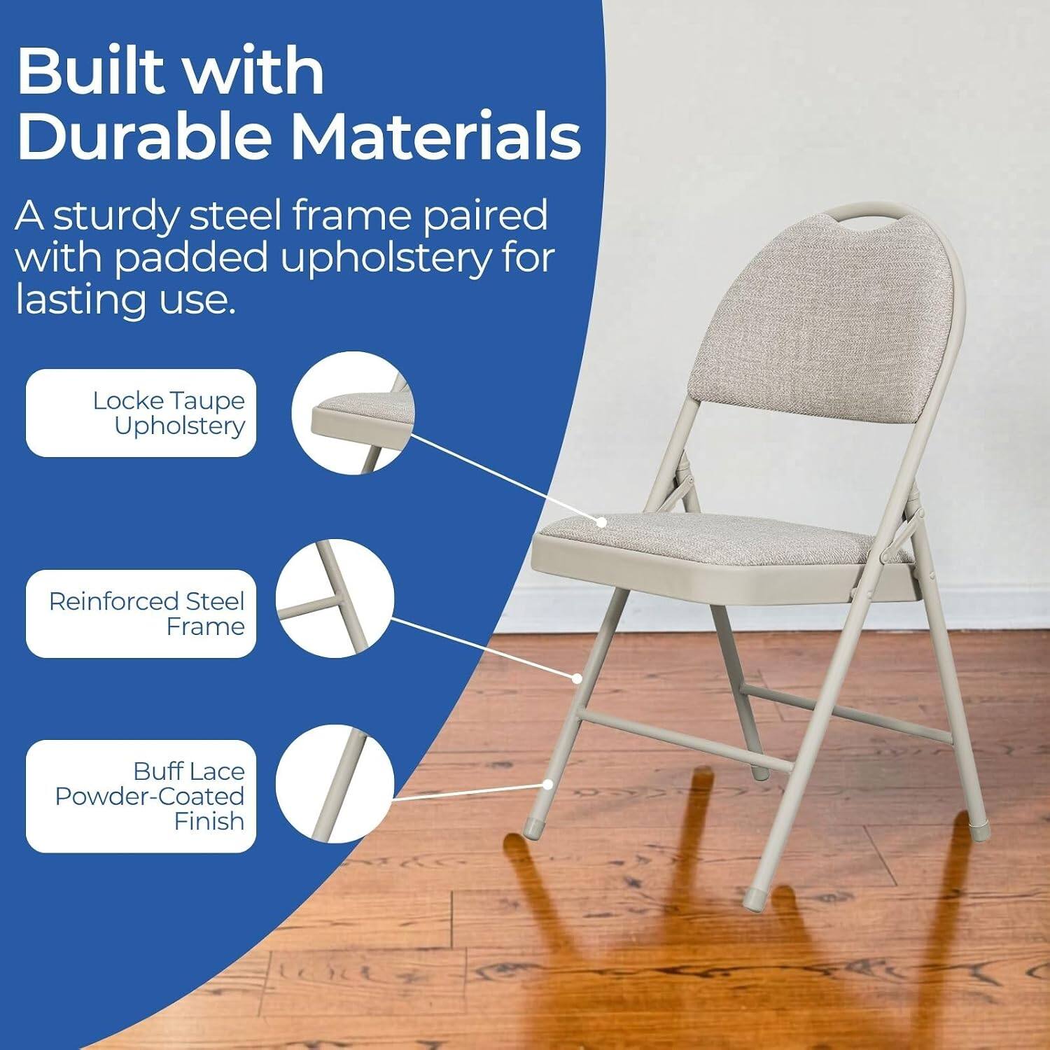 Built with Durable Materials  
A sturdy steel frame paired with padded upholstery for lasting use.  
Locke Taupe Upholstery  
Reinforced Steel Frame  
Buff Lace Powder-Coated Finish