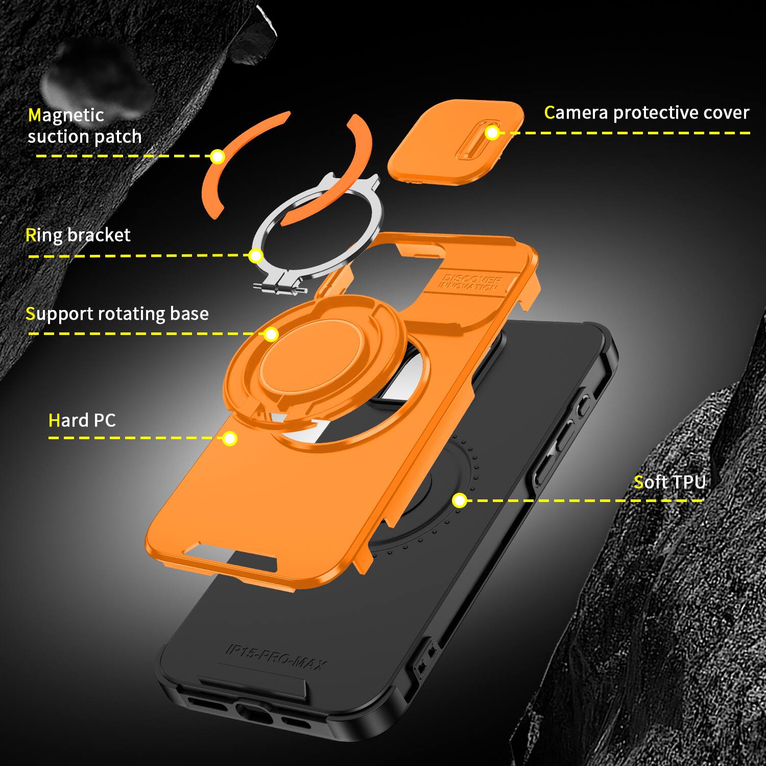 Magnetic suction patch  
Camera protective cover  
Ring bracket  
Support rotating base  
DISCOVER INNOVATION  
Hard PC  
Soft TPU  
IP15-PRO-MAX