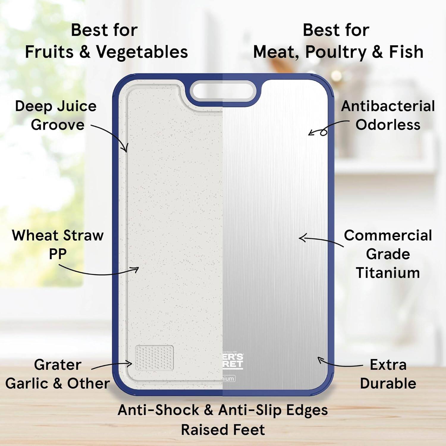 Best for Fruits & Vegetables  
Best for Meat, Poultry & Fish  

Deep Juice Groove  
Antibacterial Odorless  
Wheat Straw PP  
Commercial Grade Titanium  
Grater Garlic & Other  
Anti-Shock & Anti-Slip Edges  
Raised Feet  
Extra Durable