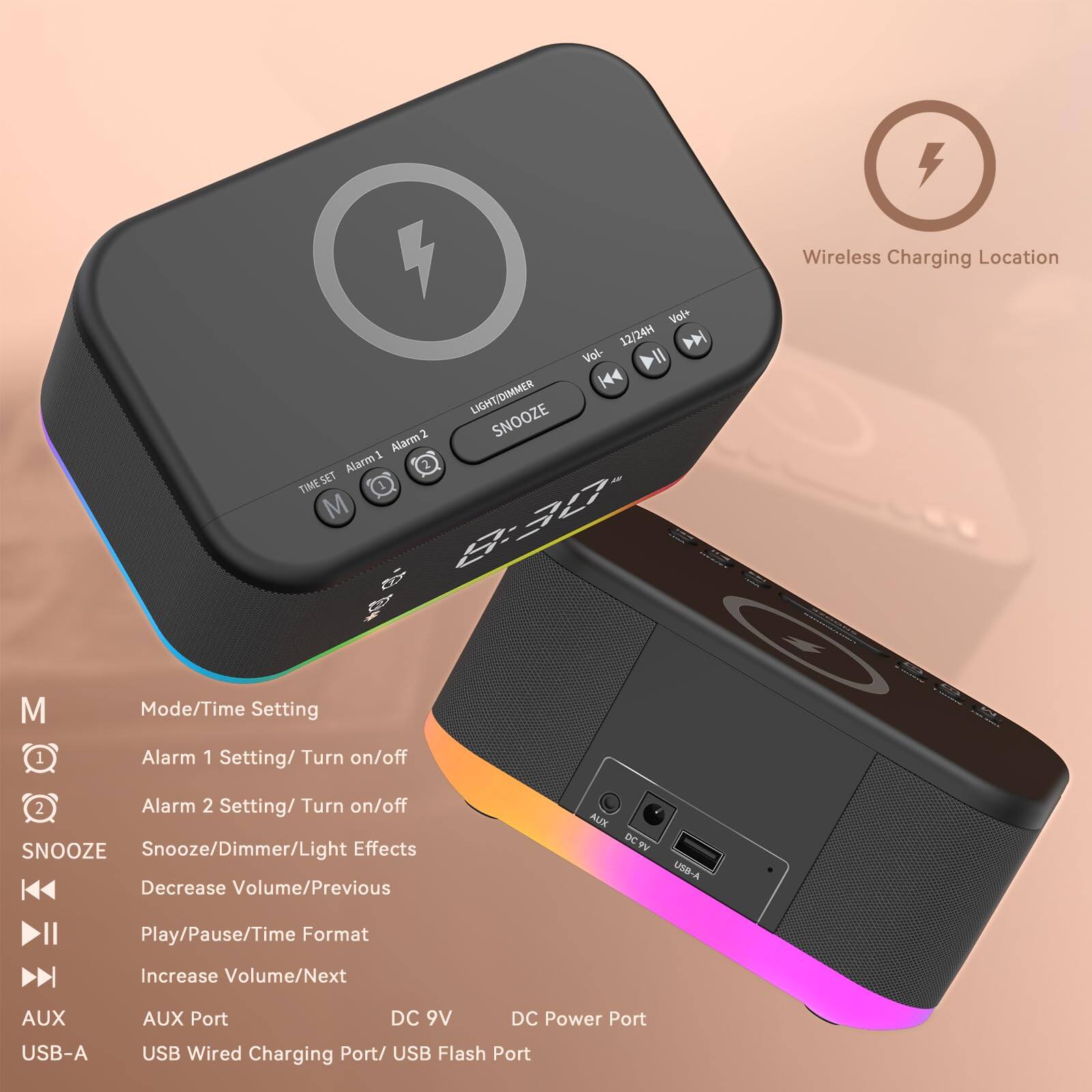 - Wireless Charging Location
- Vol+ 12/24H
- Vol- II
- 144 LIGHT/DIMMER
- Alarm2 2
- SNOOZE
- Alarm1
- SET TIME
- M 8-70
- Mode/Time Setting
- Alarm 1 Setting/ Turn on/off
- Alarm 2 Setting/ Turn on/off
- SNOOZE
- Snooze/Dimmer/Light Effects
- Decrease Volume/Previous
- ALIX DC9V USB-A
- Play/Pause/Time Format
- Increase Volume/Next
- AUX USB-A
- AUX Port
- DC 9V
- DC Power Port
- USB Wired Charging Port/ USB Flash Port