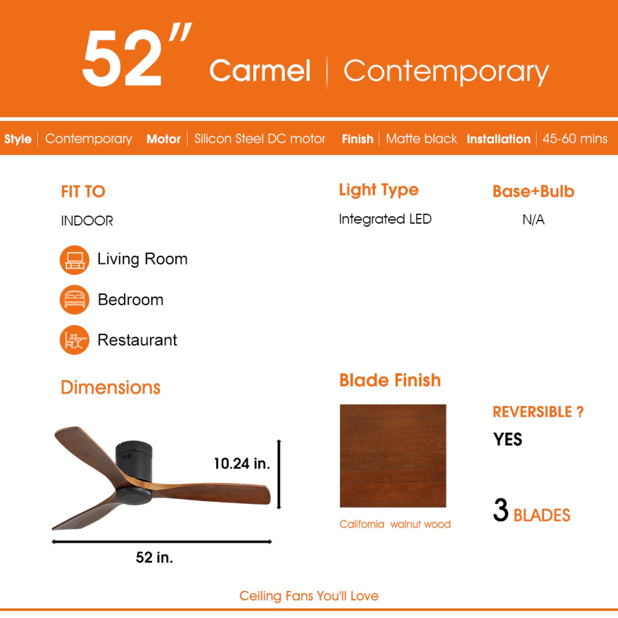 52" Carmel Contemporary Style Ceiling Fan

- Style: Contemporary
- Motor: Silicon Steel DC motor
- Finish: Matte black
- Installation: 45-60 mins

FIT TO:
- Indoor
  - Living Room
  - Bedroom
  - Restaurant

Light Type: Integrated LED
Base+Bulb: N/A

Dimensions:
- Blade Finish: California walnut wood
- Blade Length: 52 in.
- Blade Width: 10.24 in.

REVERSIBLE? YES
3 BLADES

Ceiling Fans You'll Love