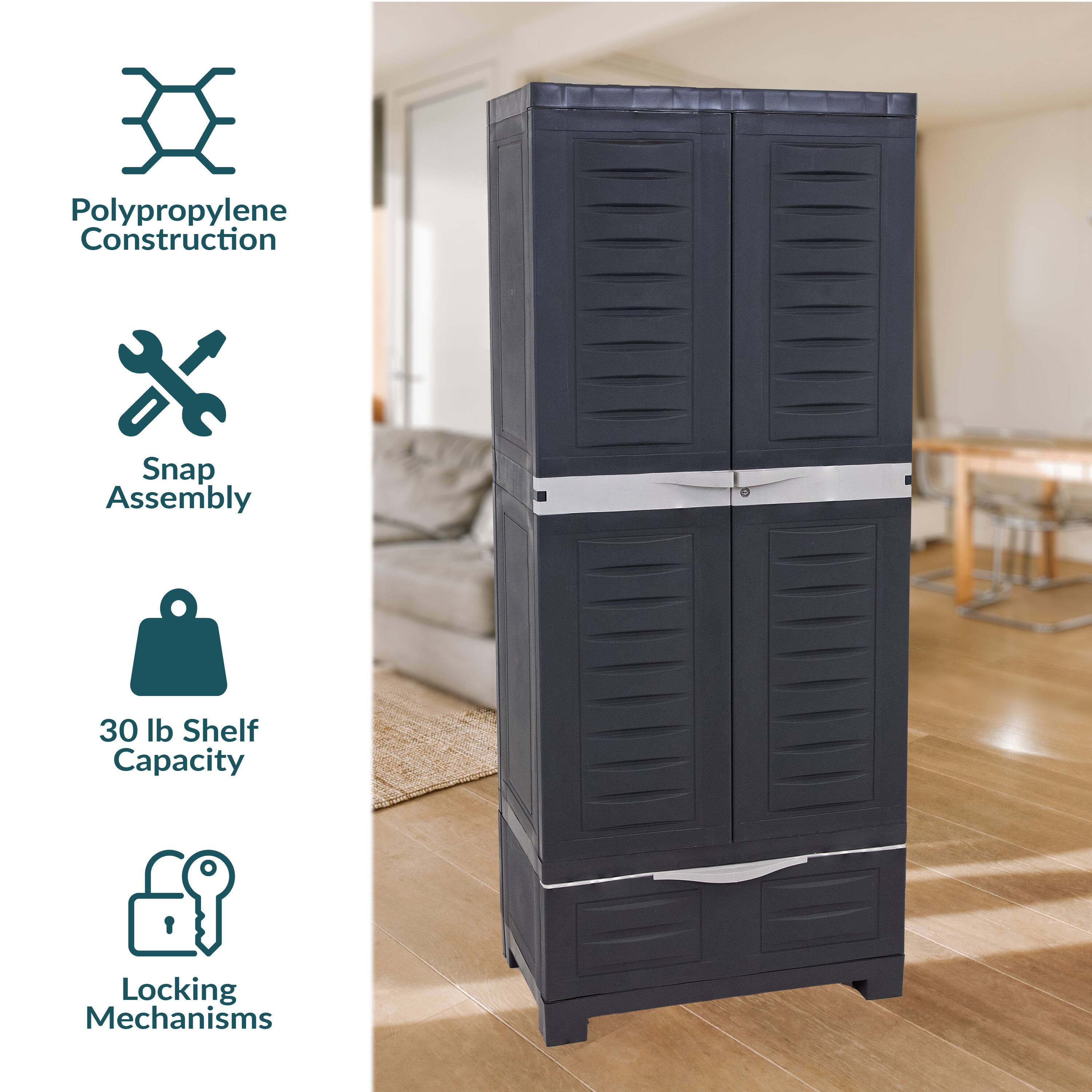 Polypropylene Construction  
Snap Assembly  
30 lb Shelf Capacity  
Locking Mechanisms