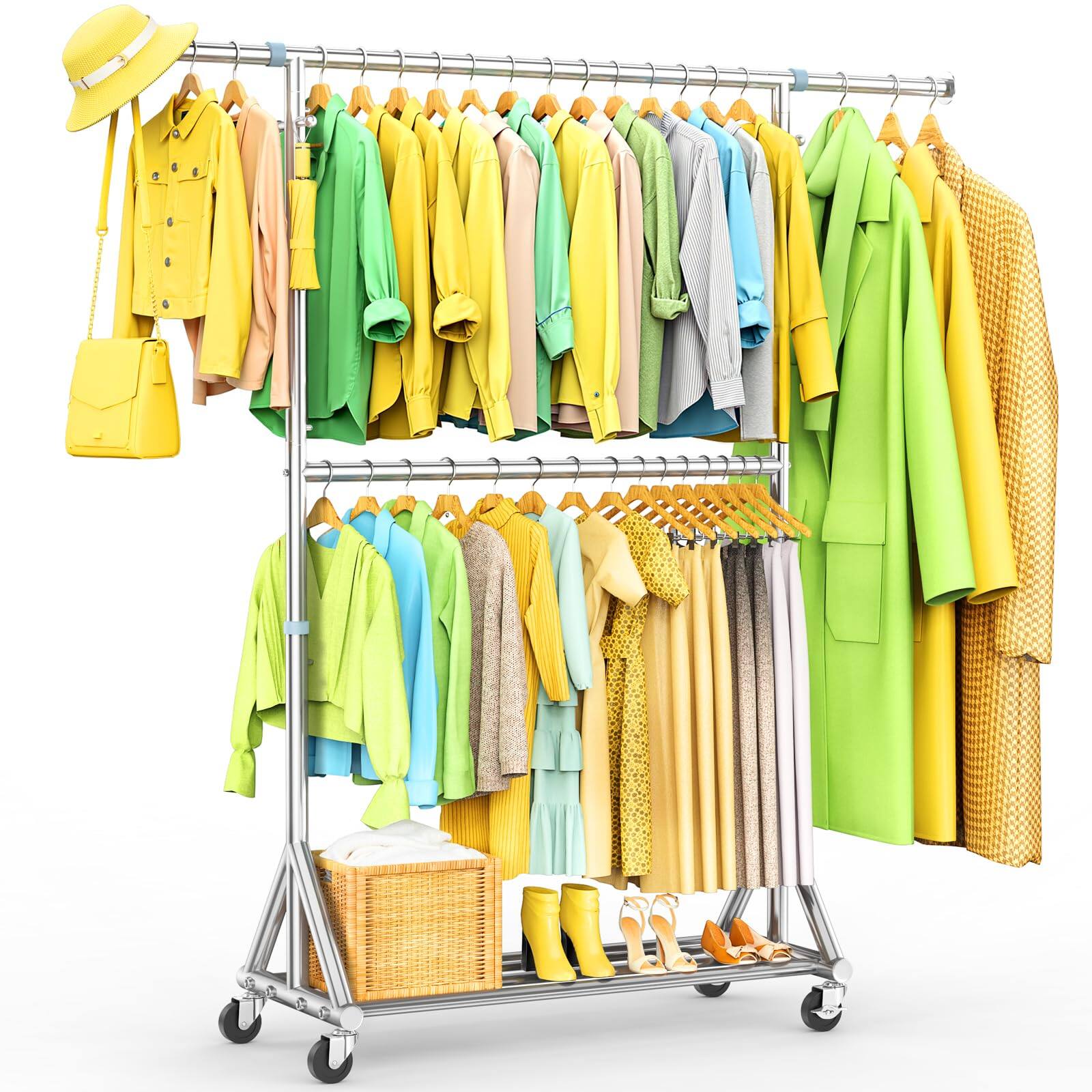 Front. ThinkLink Electronic - Stainless Steel Heavy Duty Clothes Rack Load Three Rods Clothing Racks For Hanging Extendable Rolling Garment - Silver Double Rod.