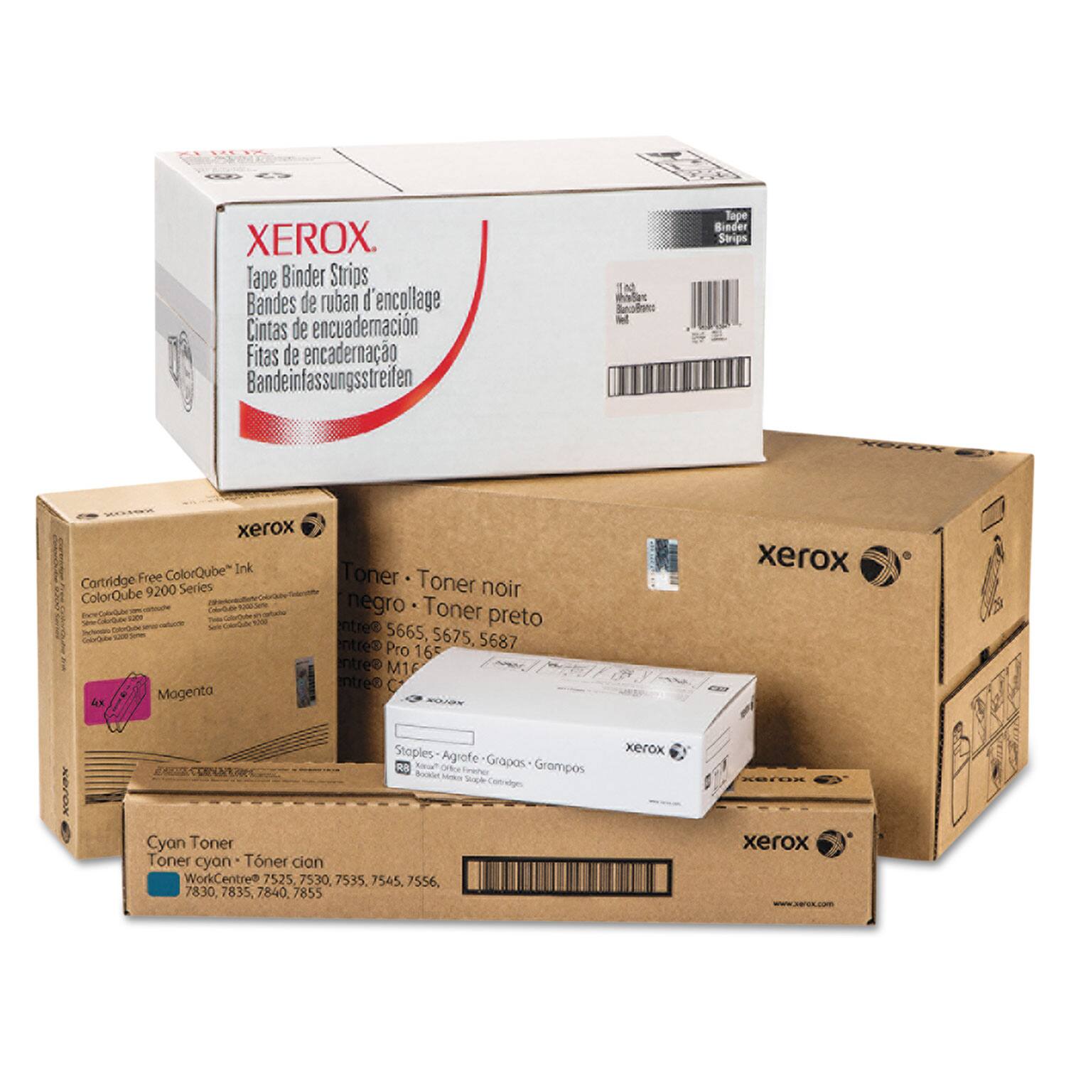 XEROX

Tape Binder Strips
Banderas de ruban d'encollage
Cintas de encuadernacion
Fitas de encadernacao
Bandeinfassungstreifen

Cartridge Free ColorQube Ink
ColorQube 9200 Series
Magenta
Toner noir
Toner preto
Toner negro

Cyan Toner
Toner cian
Toner cyon
WorkCentre 7525, 7530, 7535, 7545, 7556, 7830, 7835, 7840, 7855

Staples - Agrafes - Grampos
xerox