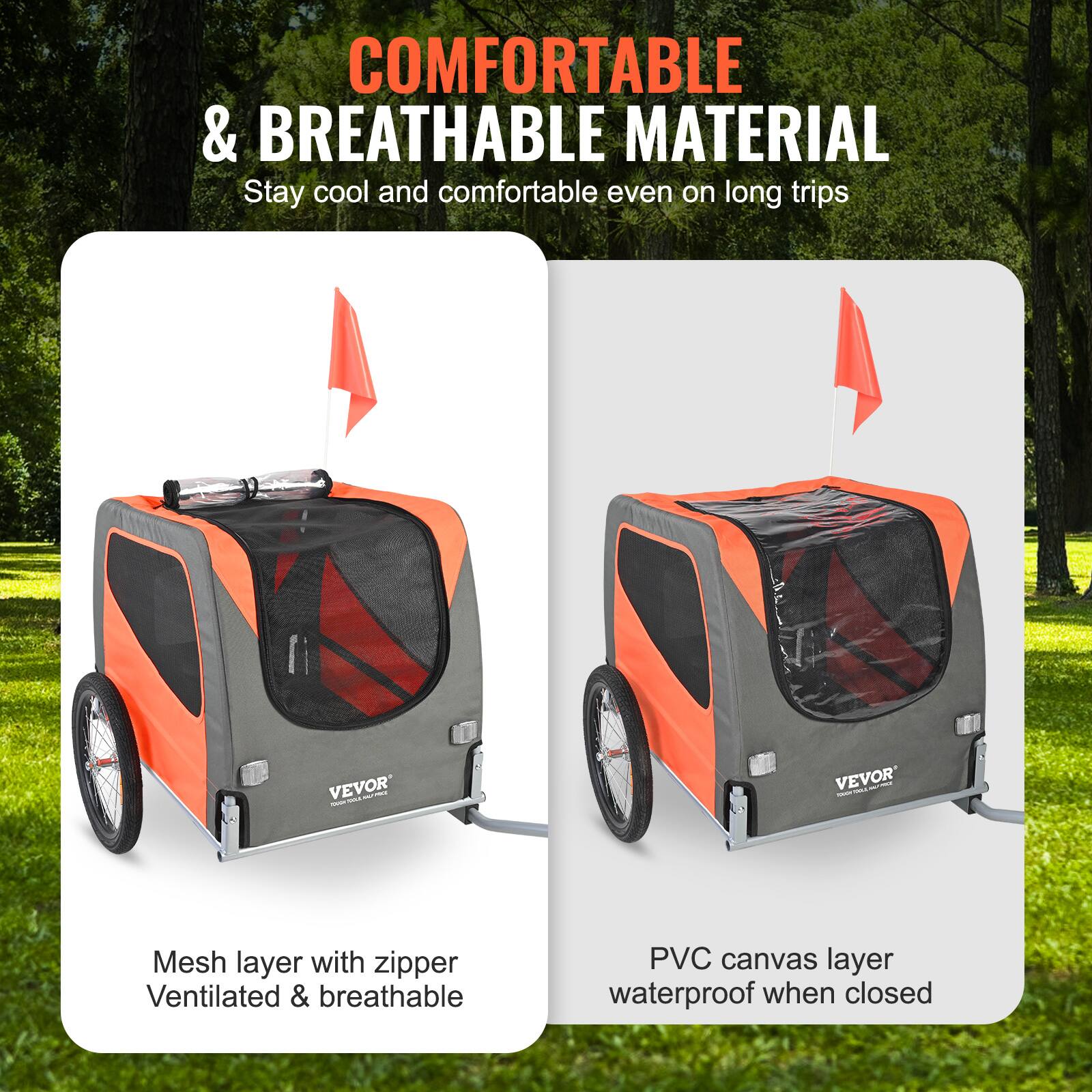 COMFORTABLE & BREATHABLE MATERIAL  
Stay cool and comfortable even on long trips  

Mesh layer with zipper  
Ventilated & breathable  

PVC canvas layer  
waterproof when closed