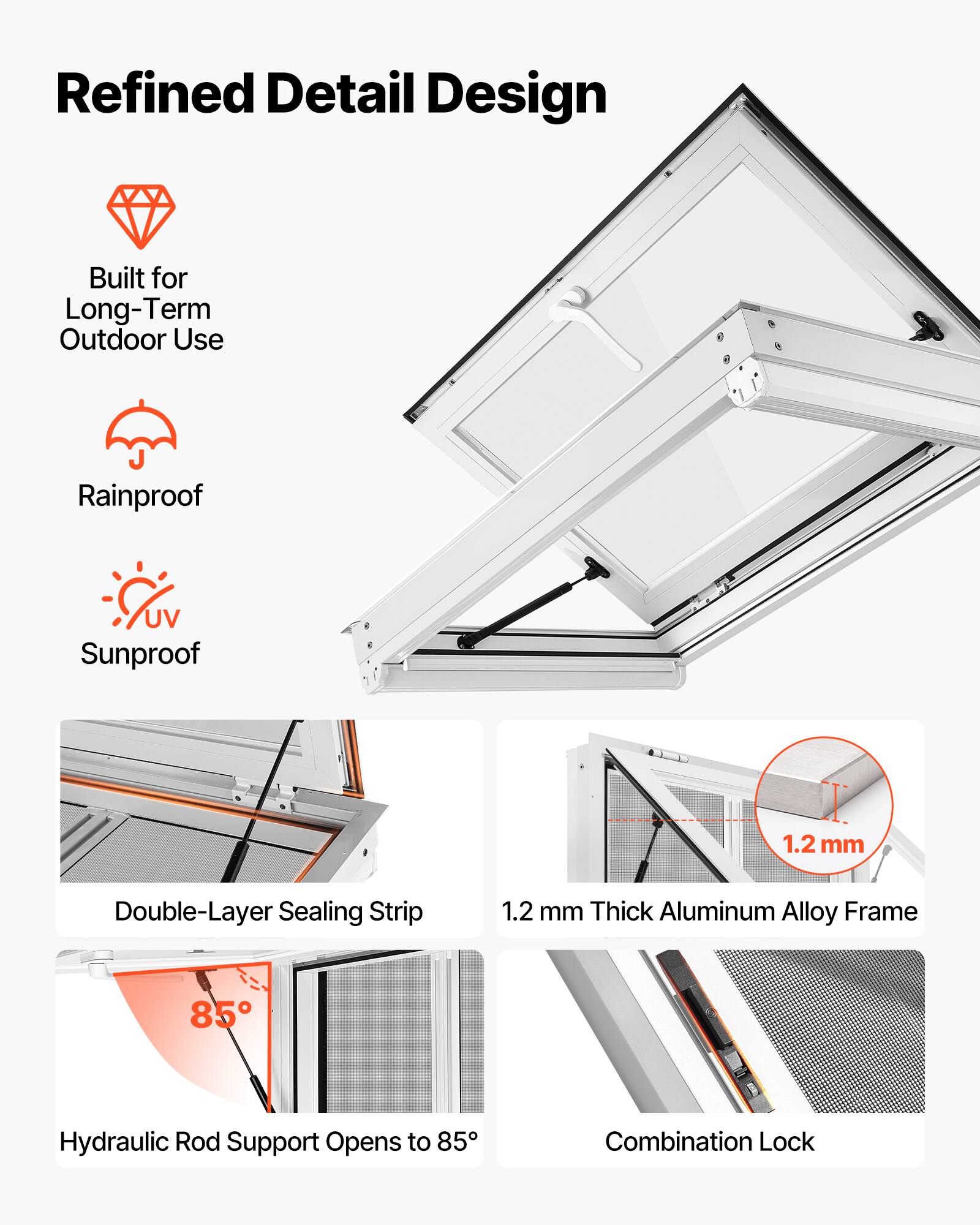 Refined Detail Design

Built for Long-Term Outdoor Use

Rainproof

UV Sunproof

1.2 mm

Double-Layer Sealing Strip

1.2 mm Thick Aluminum Alloy Frame

85° Hydraulic Rod Support Opens to 85°

Combination Lock