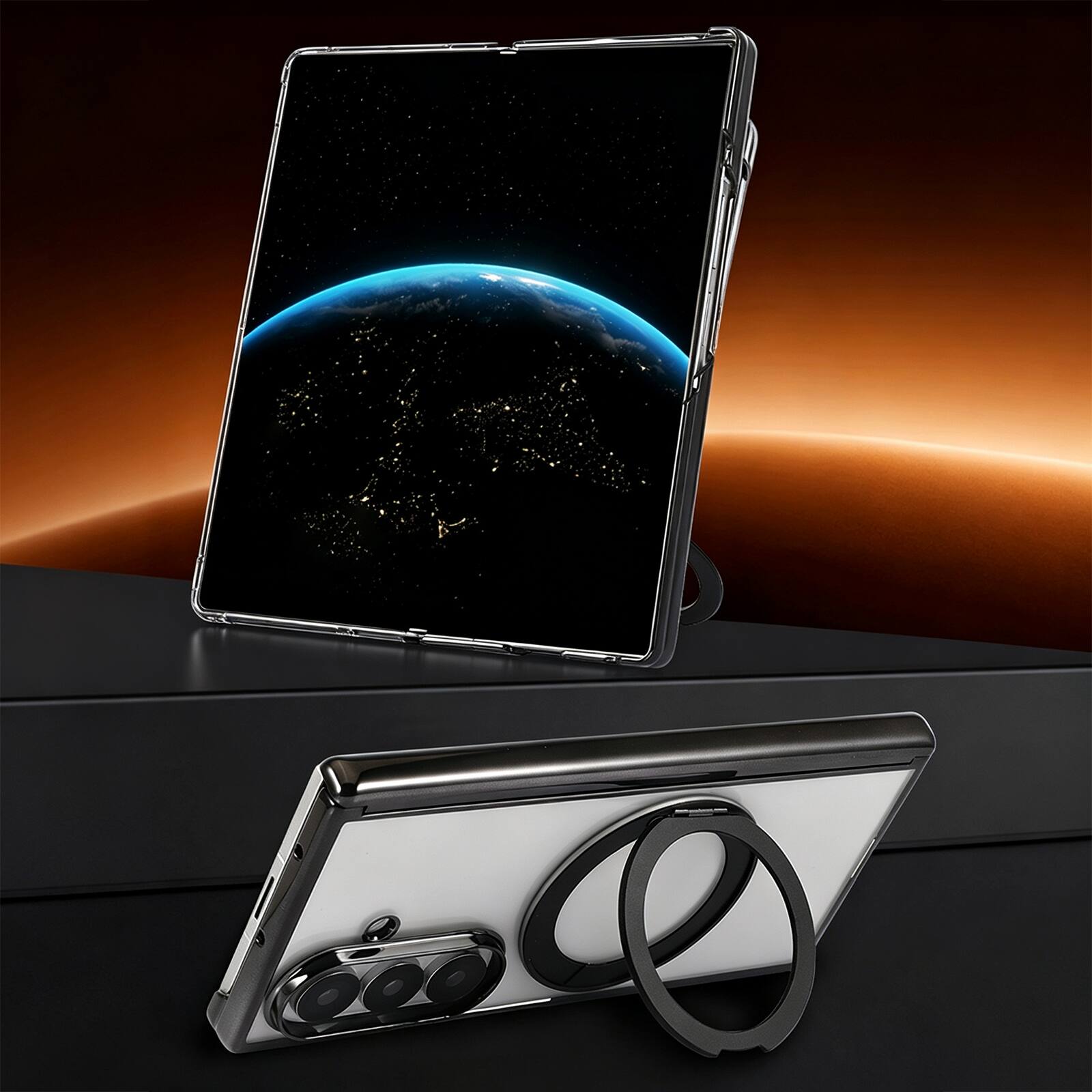 Alt View 1. Dteck - Electroplated Frame Case for Samsung Galaxy Z Fold7 with Kickstand, Magnetic Clear Rigid Plastic Hinge Protection Cover - Silver.