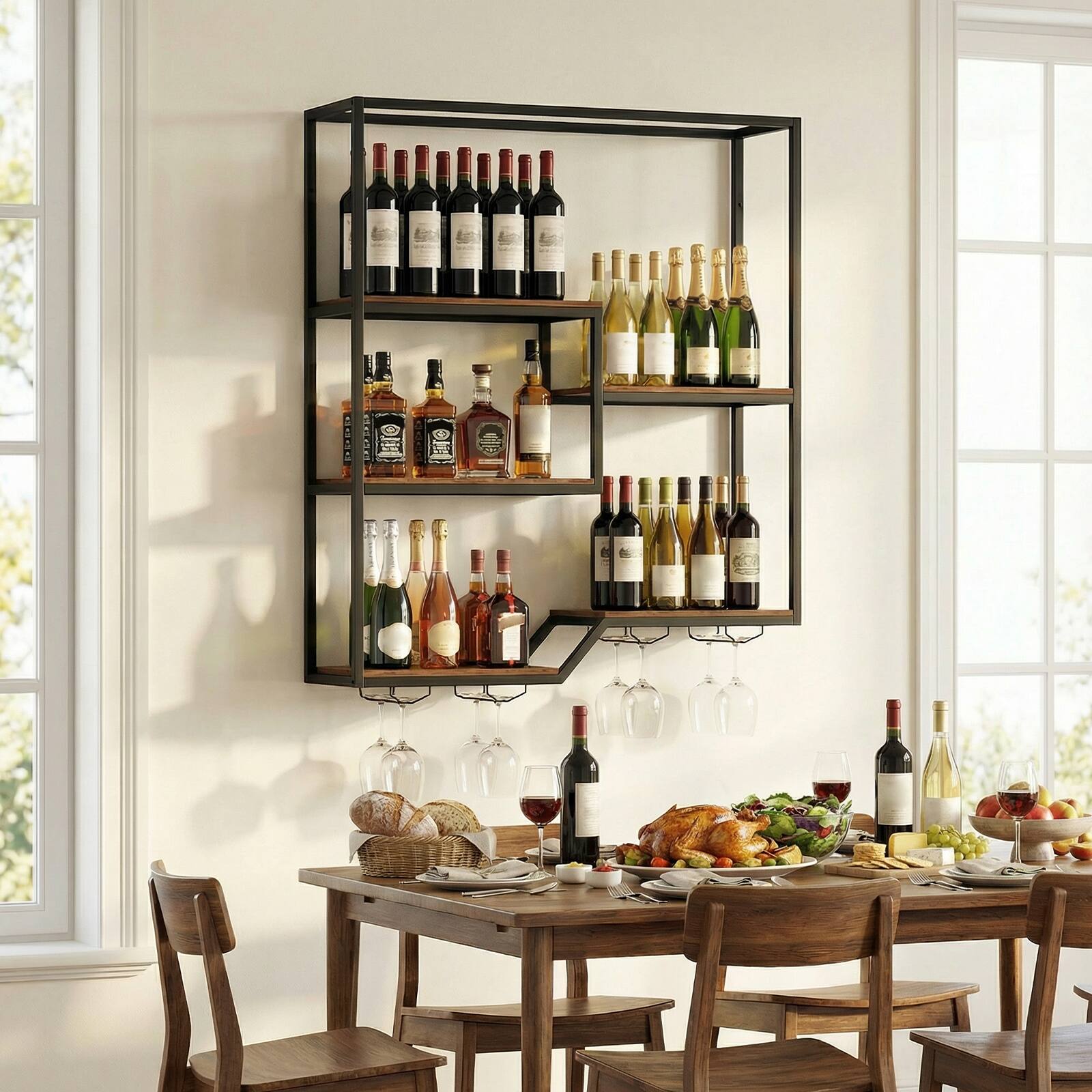 Alt View 1. Gymax - Gymax Wall Mounted Wine Rack 6-Tier Hanging Bar Shelf w/ Bottle Display Shelf - Brown.