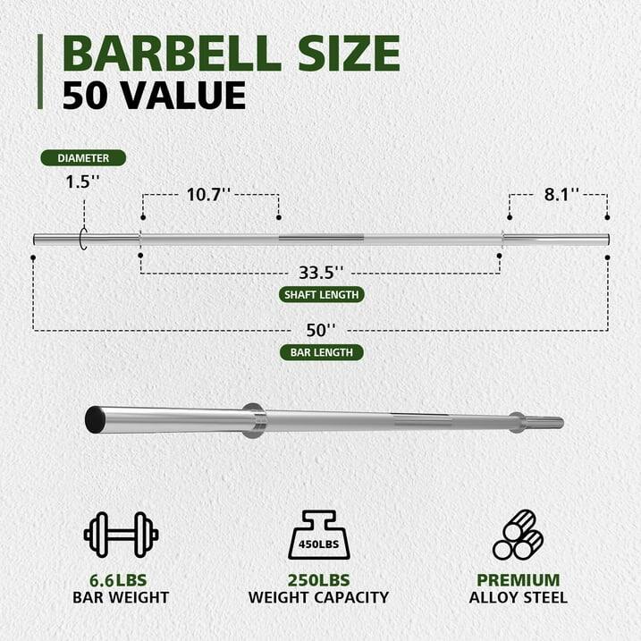 BARBELL SIZE 50 VALUE
DIAMETER 1.5" 10.7" 8.1"
SHAFT LENGTH 33.5"
BAR LENGTH 50"
6.6LBS BAR WEIGHT
250LBS WEIGHT CAPACITY
PREMIUM ALLOY STEEL