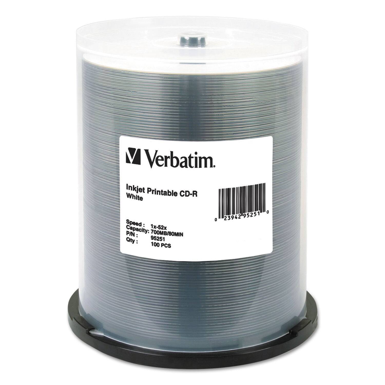 Verbatim  
Inkjet Printable CD-R White  
Speed: 1x-52x  
Capacity: 700MB/80MIN  
P/N: 95251  
Qty: 100 PCS  

Barcode: 0 23942 95251 0