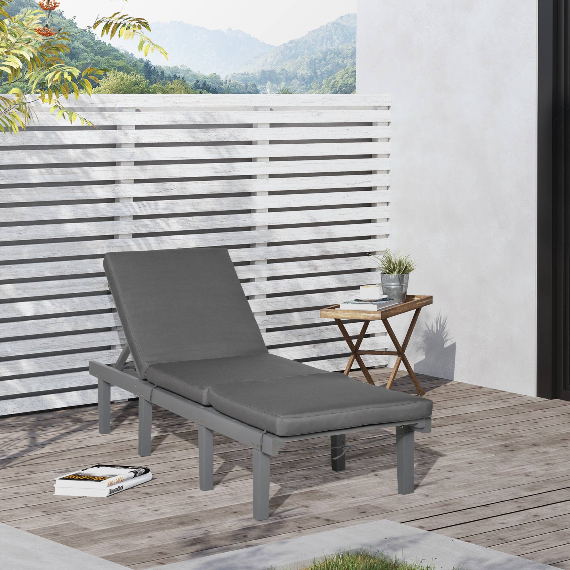 Alt View 1. Outsunny - Chaise Lounge Chair for Outdoor, Wood Outdoor Chaise Lounge with 4-Position Adjustable Backrest and Cushion - Gray.