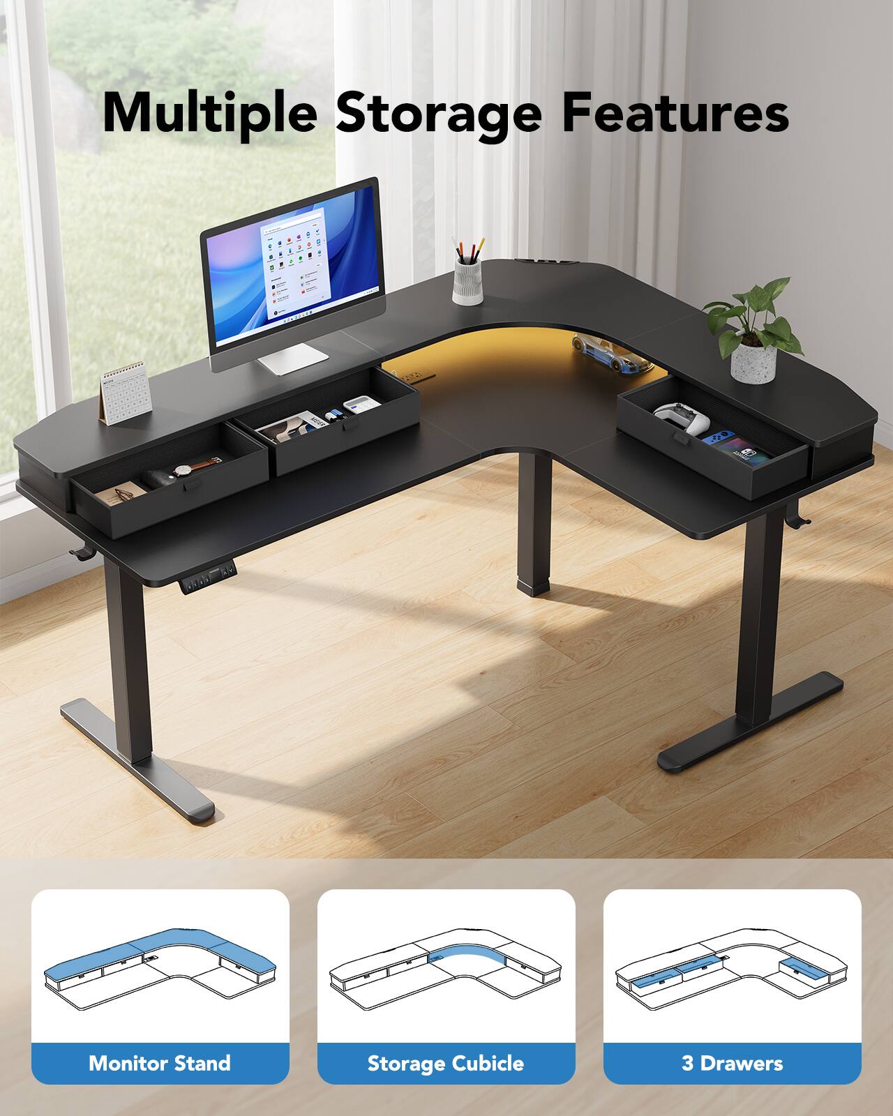 Multiple Storage Features

1. Monitor Stand
2. Storage Cubicle
3. 3 Drawers