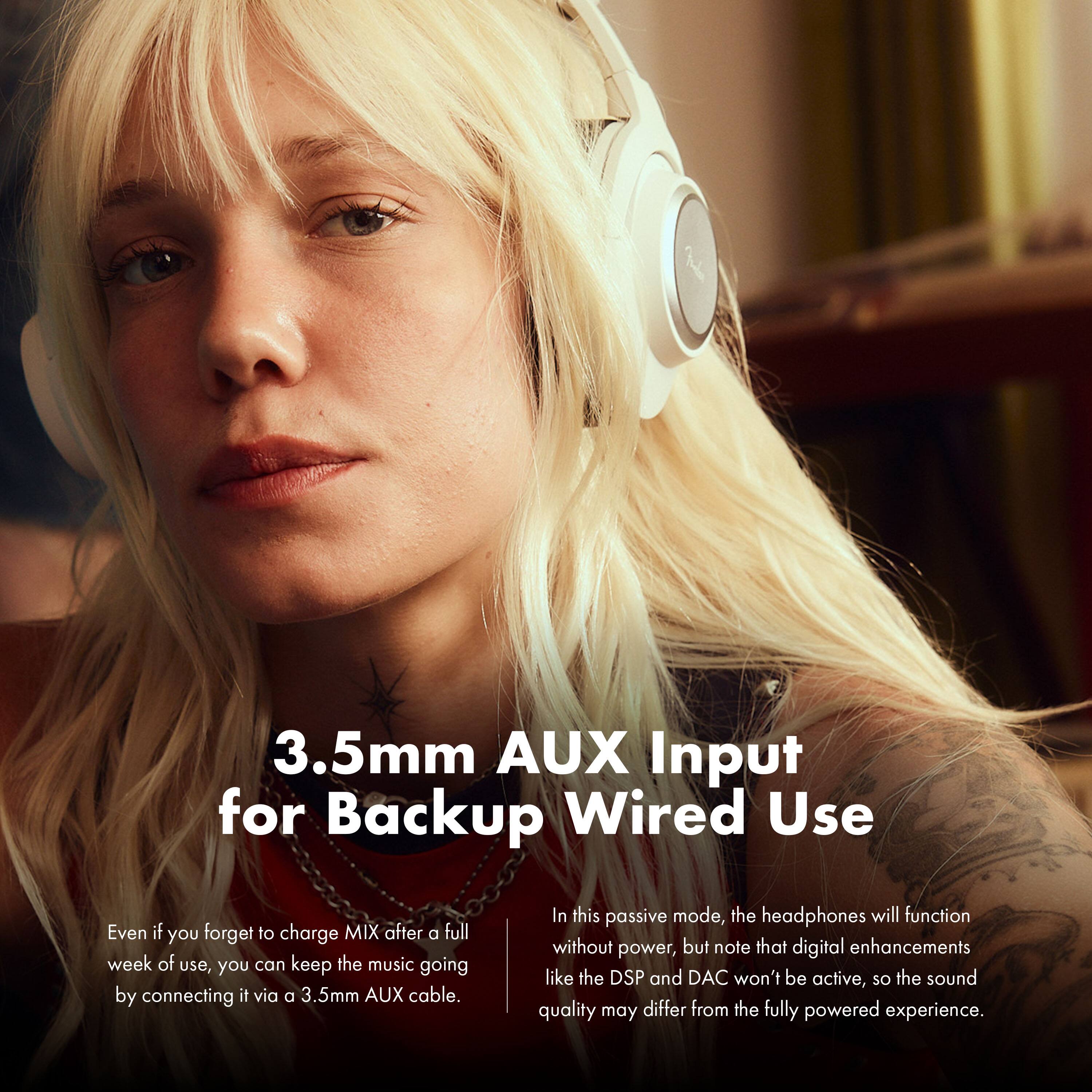 3.5mm AUX Input for Backup Wired Use

Even if you forget to charge MIX after a full week of use, you can keep the music going by connecting it via a 3.5mm AUX cable.

In this passive mode, the headphones will function without power, but note that digital enhancements like the DSP and DAC won't be active, so the sound quality may differ from the fully powered experience.