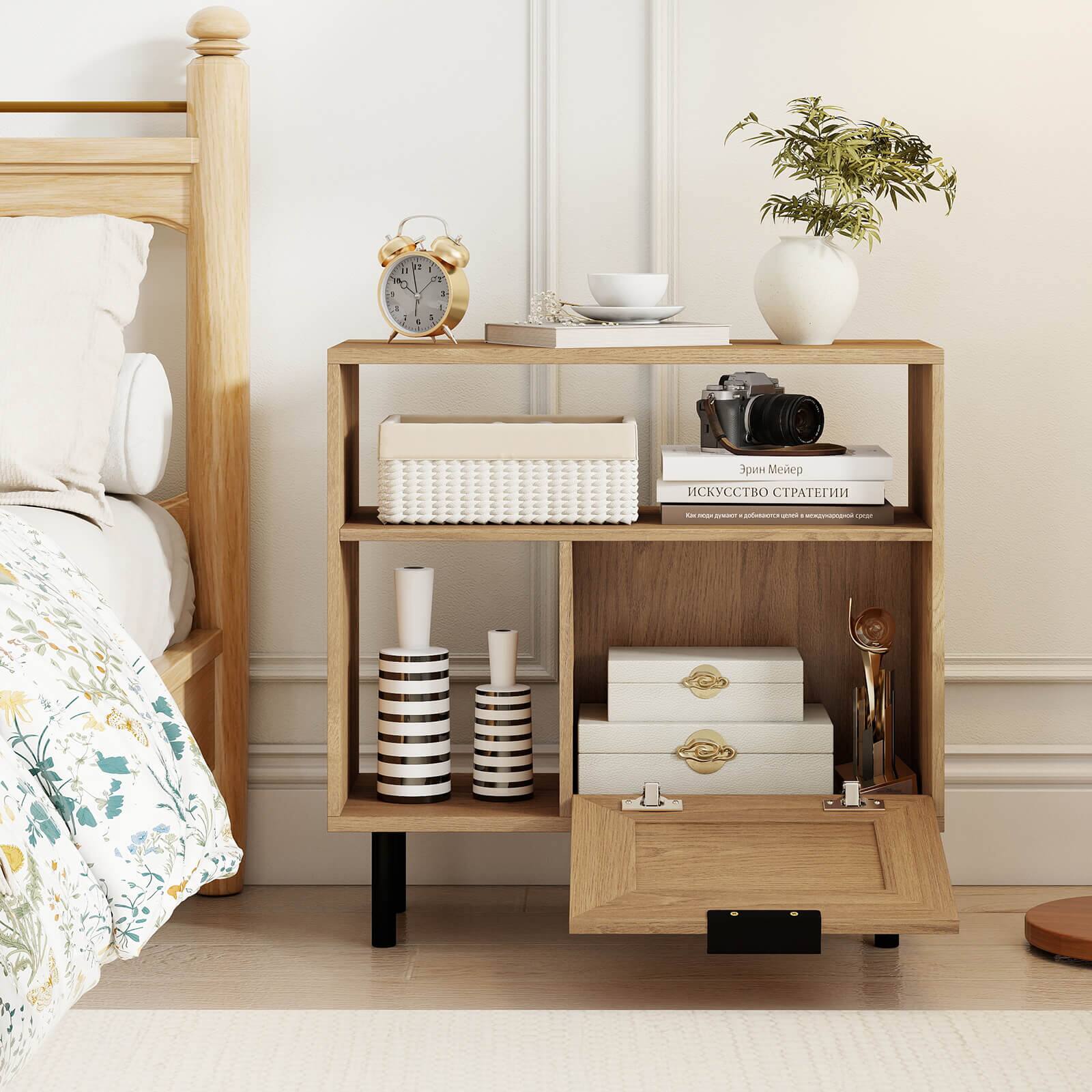 Alt View 4. Costway - Costway Boho Rattan Nightstand Wooden End Table with Storage Shelf Cabinet & Metal Legs - Natural.