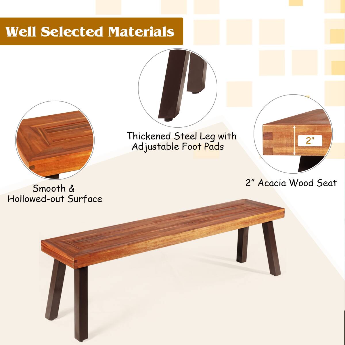Well Selected Materials  
- Thickened Steel Leg with Adjustable Foot Pads  
- Smooth & Hollowed-out Surface  
- 2" Acacia Wood Seat
