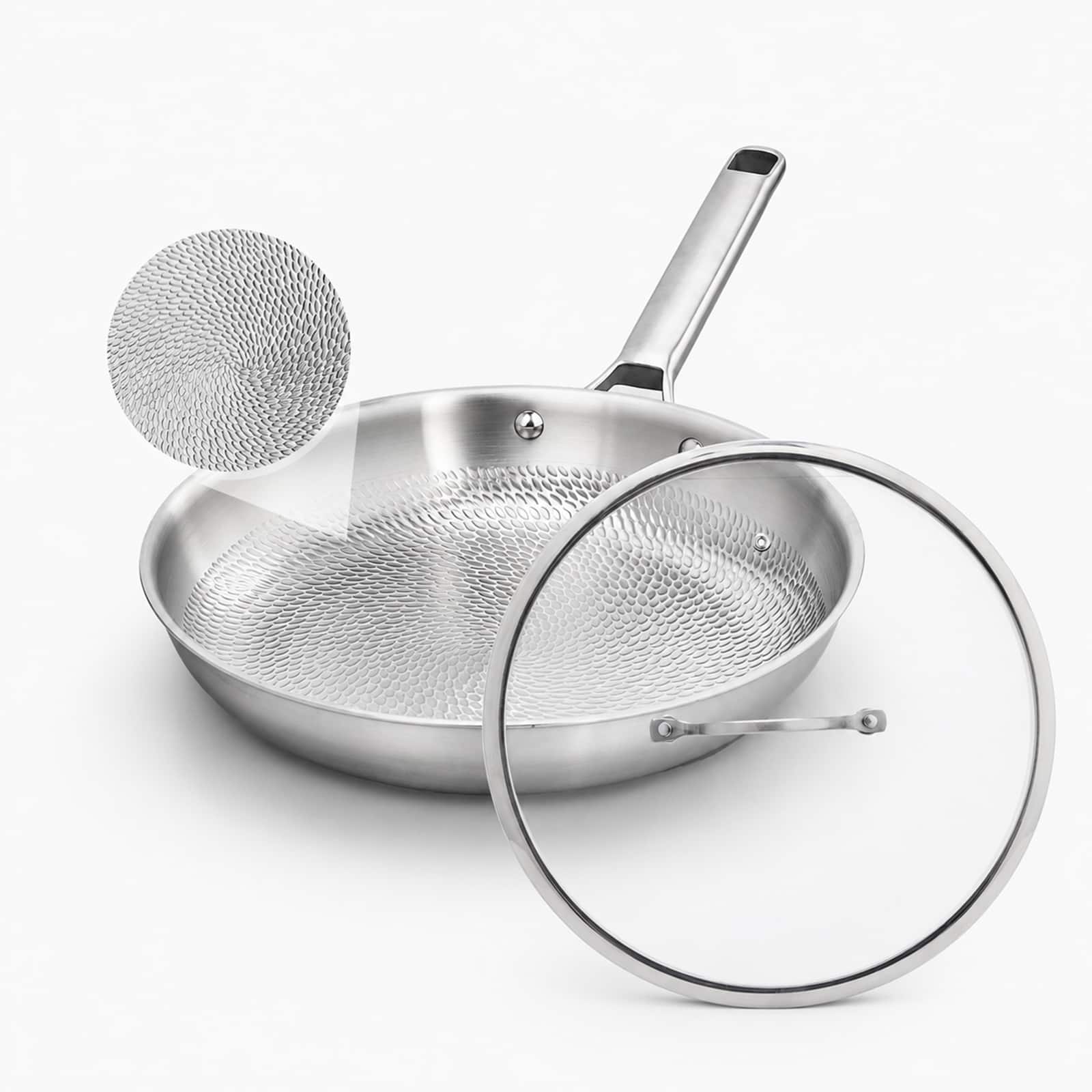 Winado - 12 Inch Titanium Skillet Frying Pan with Hammered Texture and Tempered Glass Lid for All Cooktops Cooking and Oven Use - Silver