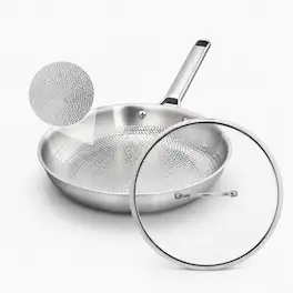 Winado - 12 Inch Titanium Skillet Frying Pan with Hammered Texture and Tempered Glass Lid for All Cooktops Cooking and Oven Use - Silver