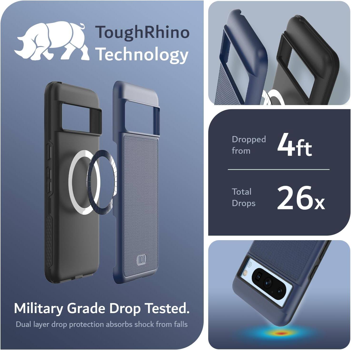 ToughRhino Technology

Military Grade Drop Tested.
Dual layer drop protection absorbs shock from falls

Dropped from 4ft
Total Drops 26x