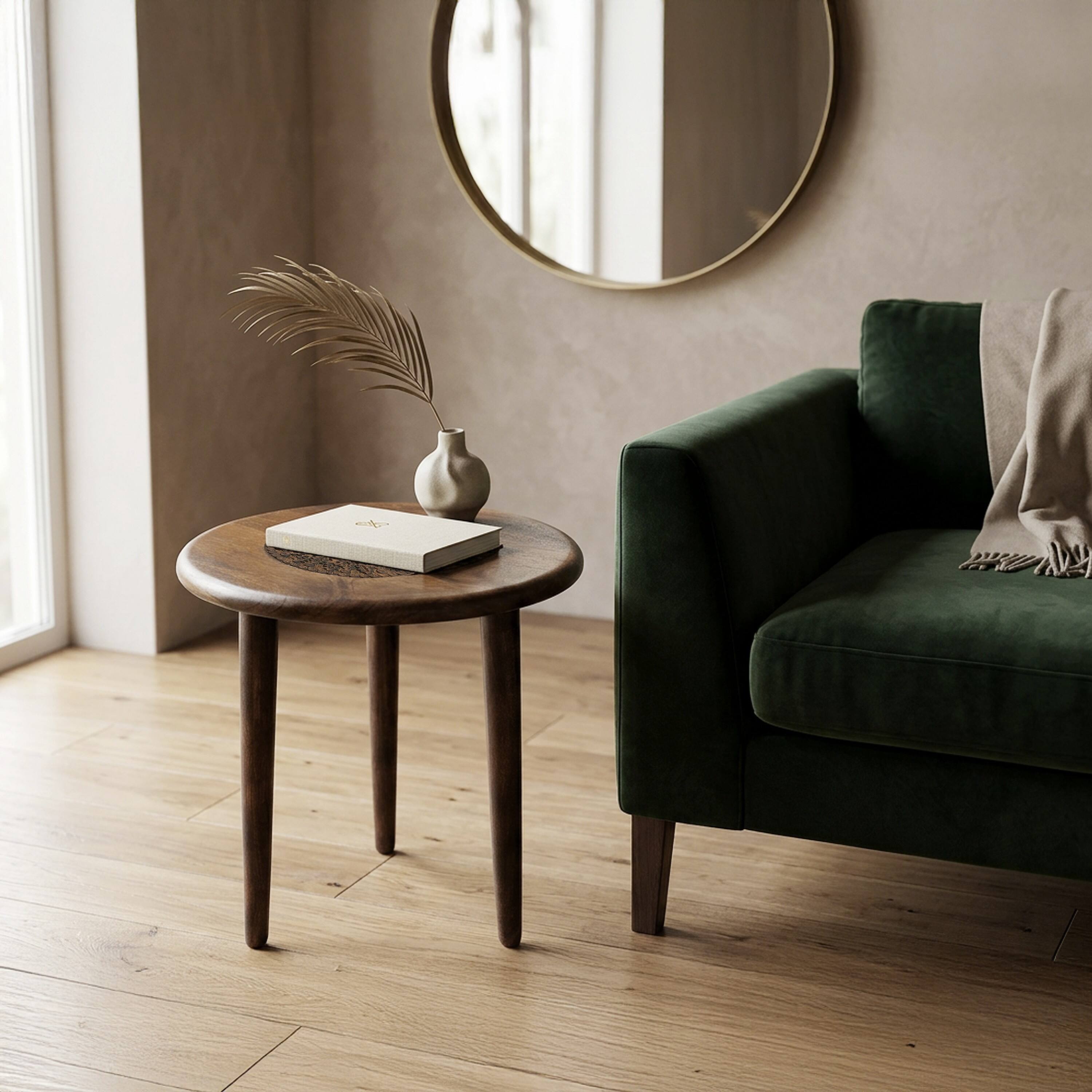 Alt View 6. Manhattan Lane - Ama 22 Inch Side End Table, Round Top, Indian Mandala Floral Carving, 3 Legs, Brown Mango Wood - Brown.
