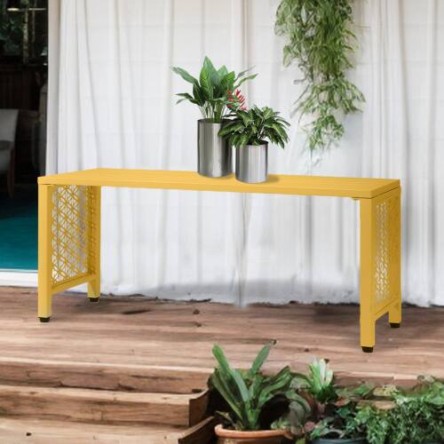 Alt View 5. Winado - 40in Metal Bench Backless Patio Bench with Slatted Seat, Floral Side Panels for Outdoor Garden Seating Entryway Backyard - Yellow.