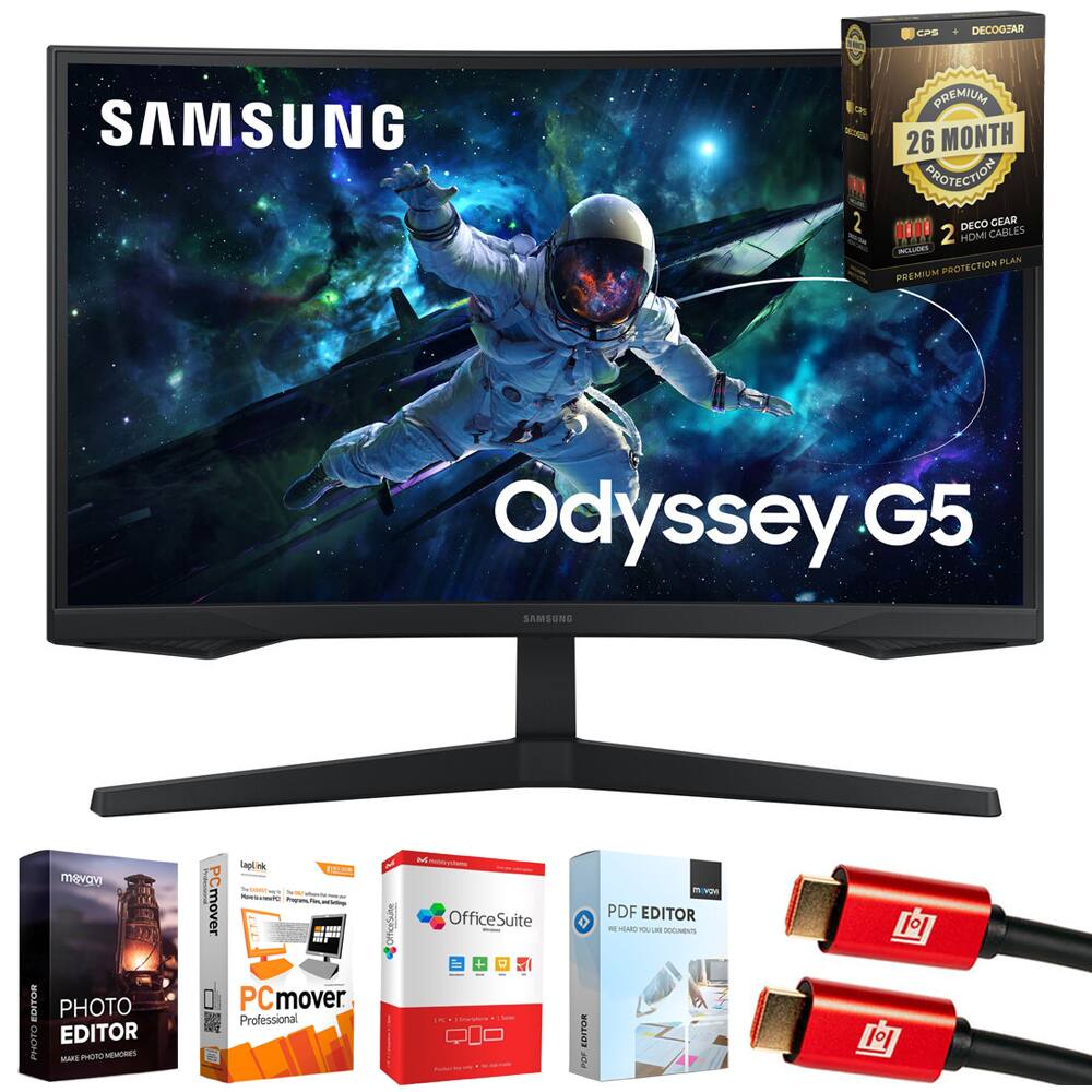 Sure, here is the corrected text:

---

**SAMSUNG Odyssey G5**

**CPS DECOGEAR**
- 26 MONTH PROTECTION
- 2 DECO CABLES HOMI INCLUS
- PREMIUM PROTECTION PLAN

**Included Software:**
- Photo Editor
- PCmover Professional
- OfficeSuite
- PDF Editor

---

This text is grouped and corrected based on the image.