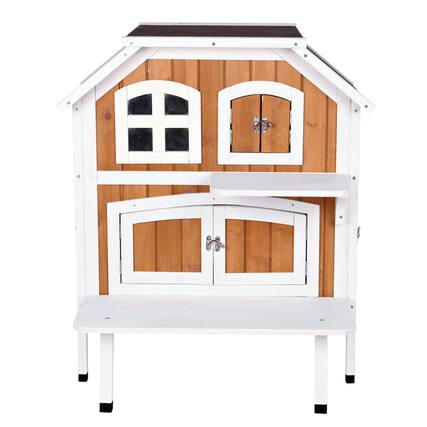 Front. TRIXIE - 2-Story Weatherproof Elevated Outdoor Cat Retreat with Balcony, Brown - Brown/White.