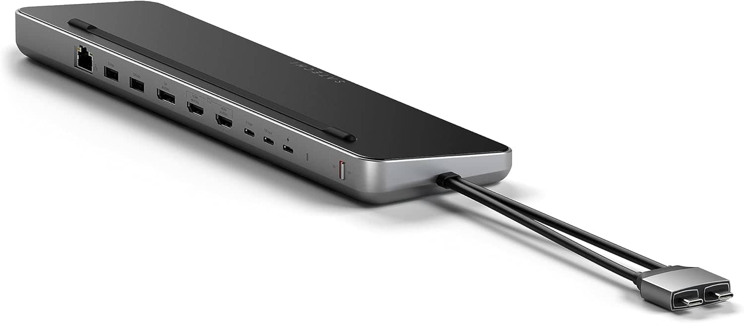 Front. Satechi - Dual Dock with NVMe SSD enclosure – USB-C PD (75W), 2 USB-C data, 2 HDMI 2.0, 1 DisplayPort 1.4, 2 USB-A, Ethernet - Space Gray.