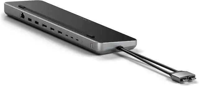 Front. Satechi - Dual Dock with NVMe SSD enclosure – USB-C PD (75W), 2 USB-C data, 2 HDMI 2.0, 1 DisplayPort 1.4, 2 USB-A, Ethernet - Space Gray.
