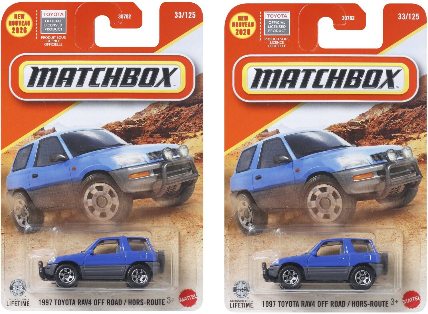 TOYOTA NEW OFFICIAL NOUVEAU LICENSED 2020 PRODUCT PRODUIT SOUS LICENCE OFFICIELLE 30782 33/125  
MATCHBOX - 1997 TOYOTA RAV4 OFF ROAD / HORS-ROUTE 3+  
MATTEL LIFETIME