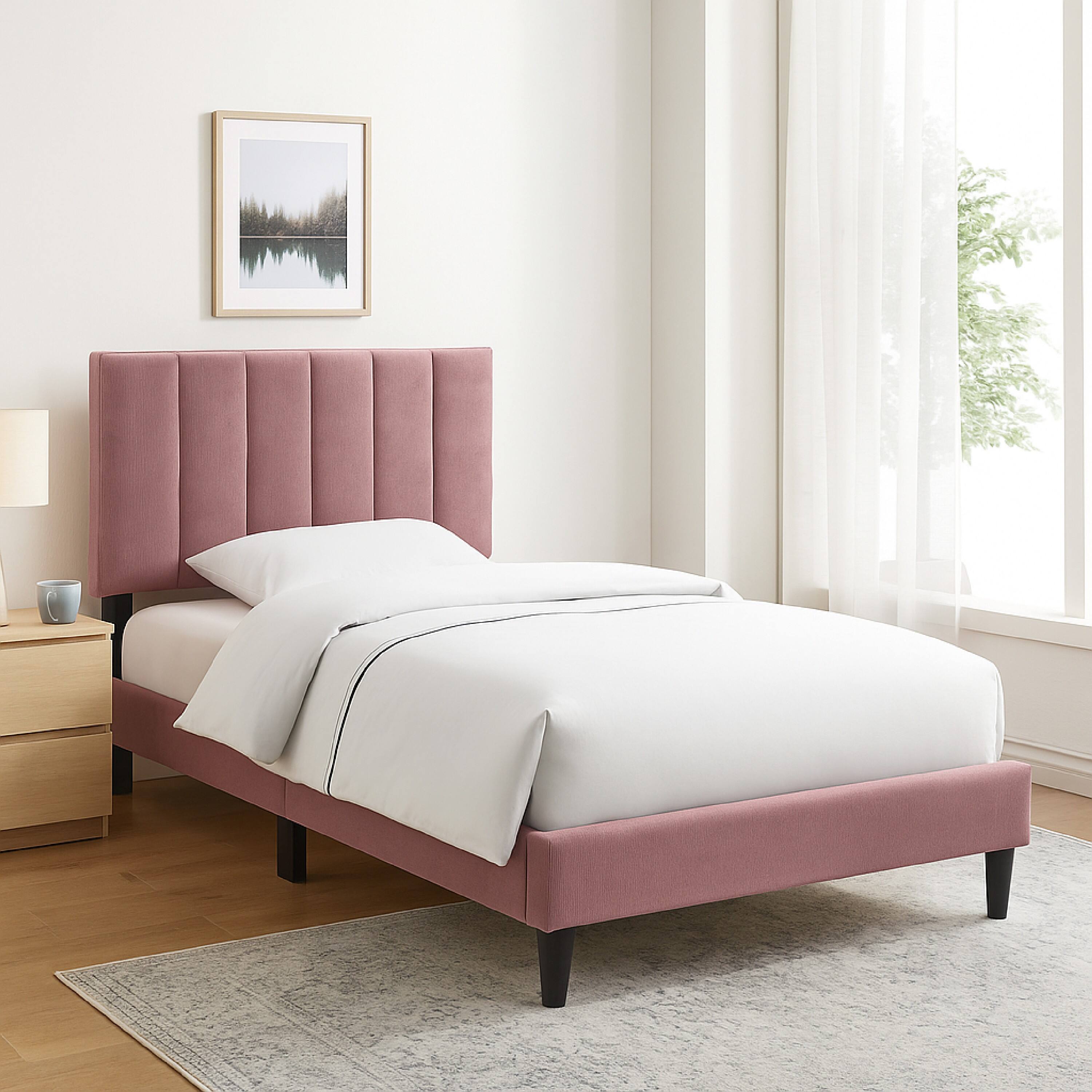 Alt View 2. Manhattan Lane - Lilian Full Size Bed, Blush Pink Linen Upholstery, Channel Tufted - Pink, Black.
