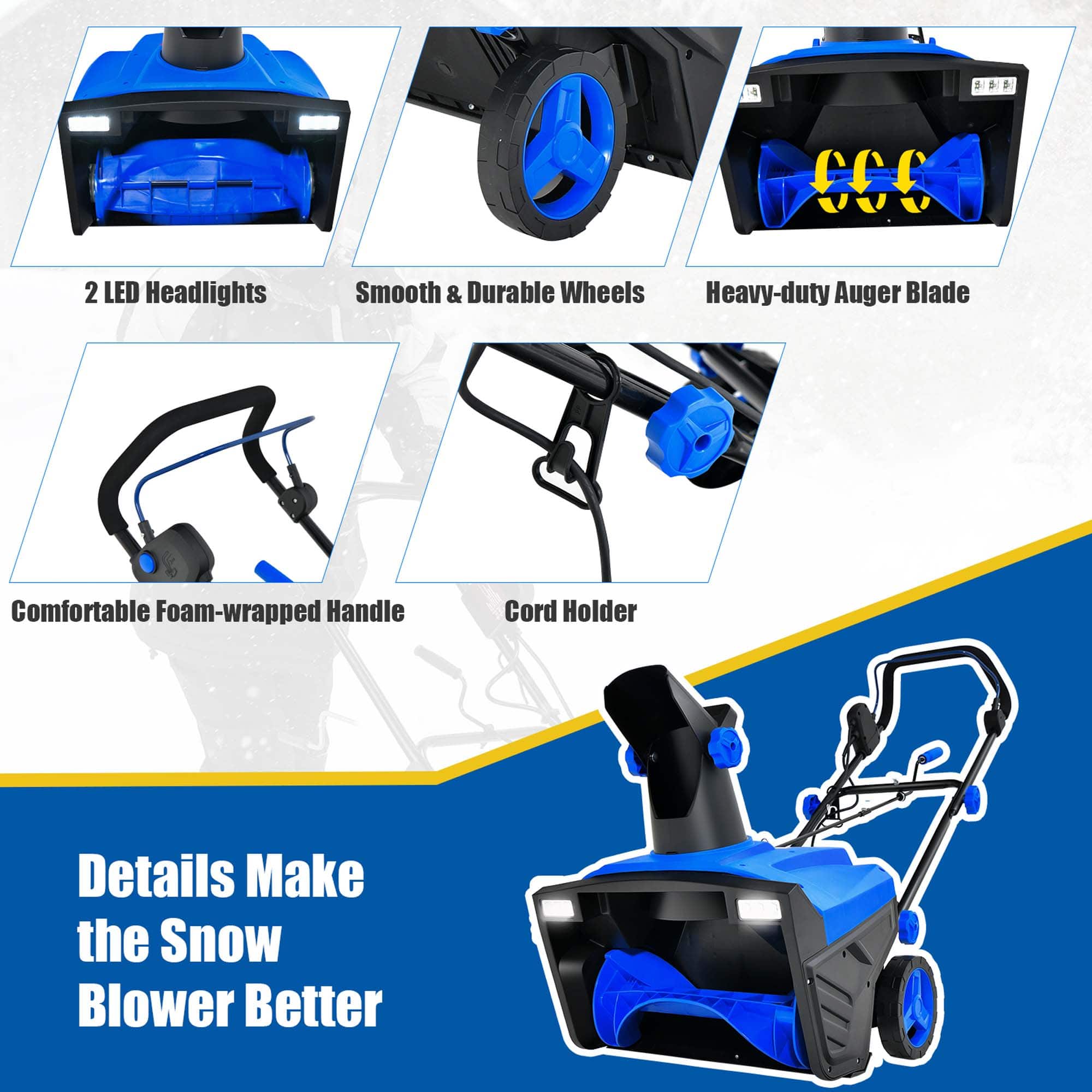 The image features a blue snow blower with various features detailed in the image. These features include two LED headlights, smooth and durable wheels, a heavy-duty auger blade, a comfortable foam-wrapped handle, and a cord holder. The image emphasizes that these details make the snow blower better, providing improved visibility, maneuverability, and overall performance in snow removal tasks.