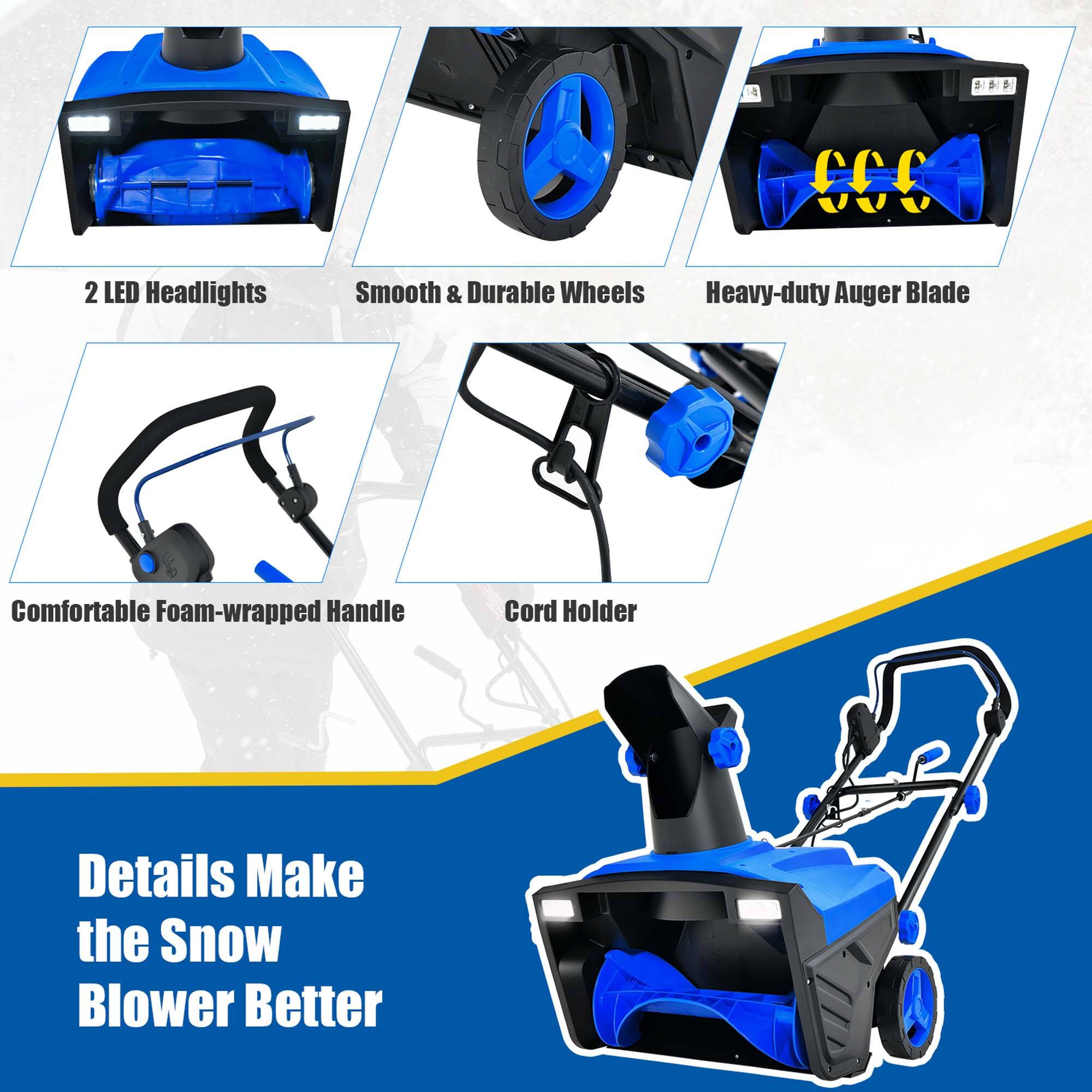 The image features a blue snow blower with various features detailed in the image. These features include two LED headlights, smooth and durable wheels, a heavy-duty auger blade, a comfortable foam-wrapped handle, and a cord holder. The image emphasizes that these details make the snow blower better, providing improved visibility, maneuverability, and overall performance in snow removal tasks.