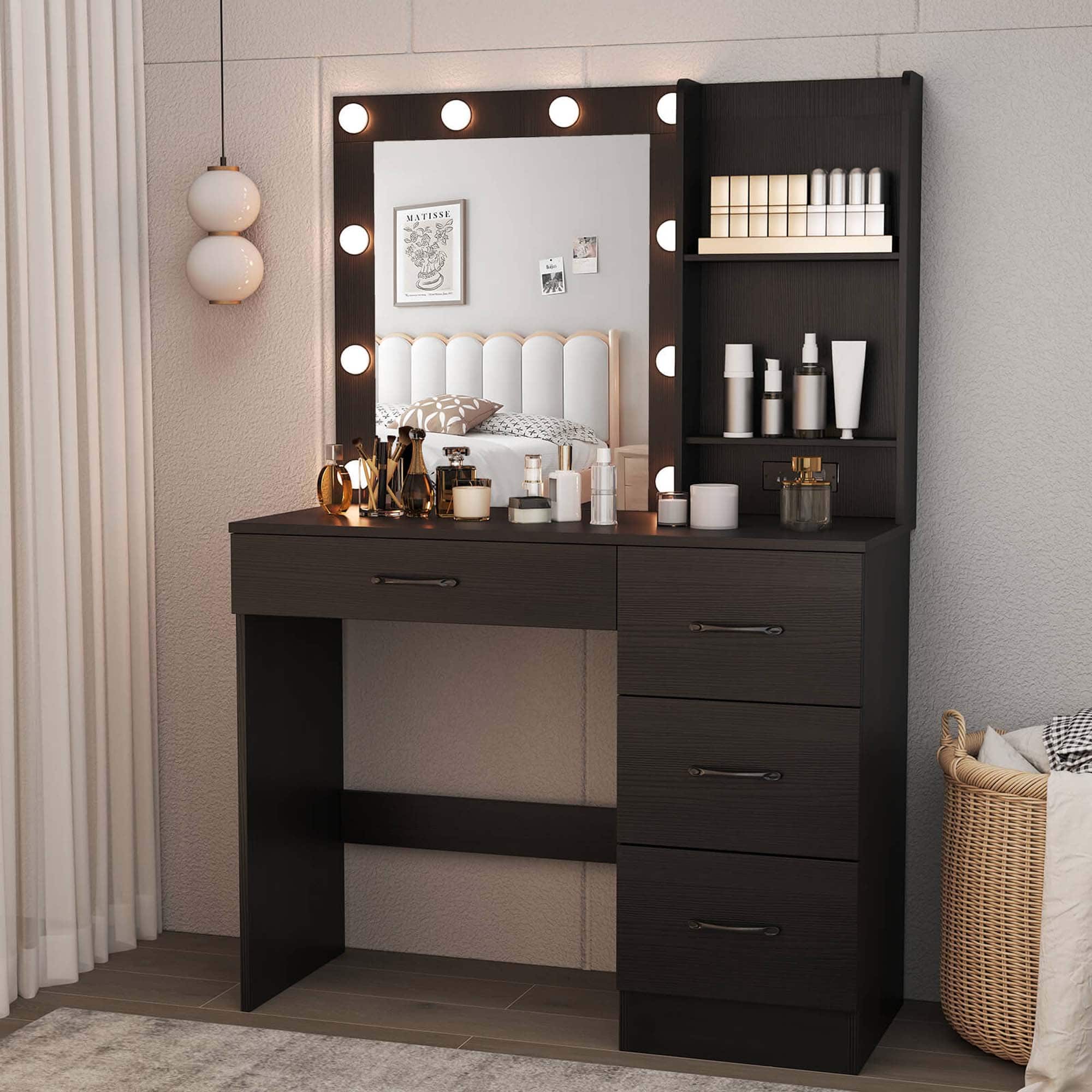 Alt View 1. Costway - Costway Makeup Vanity Desk with Mirror and Lights Charging Station 3-Color LED Lights Black - Black.