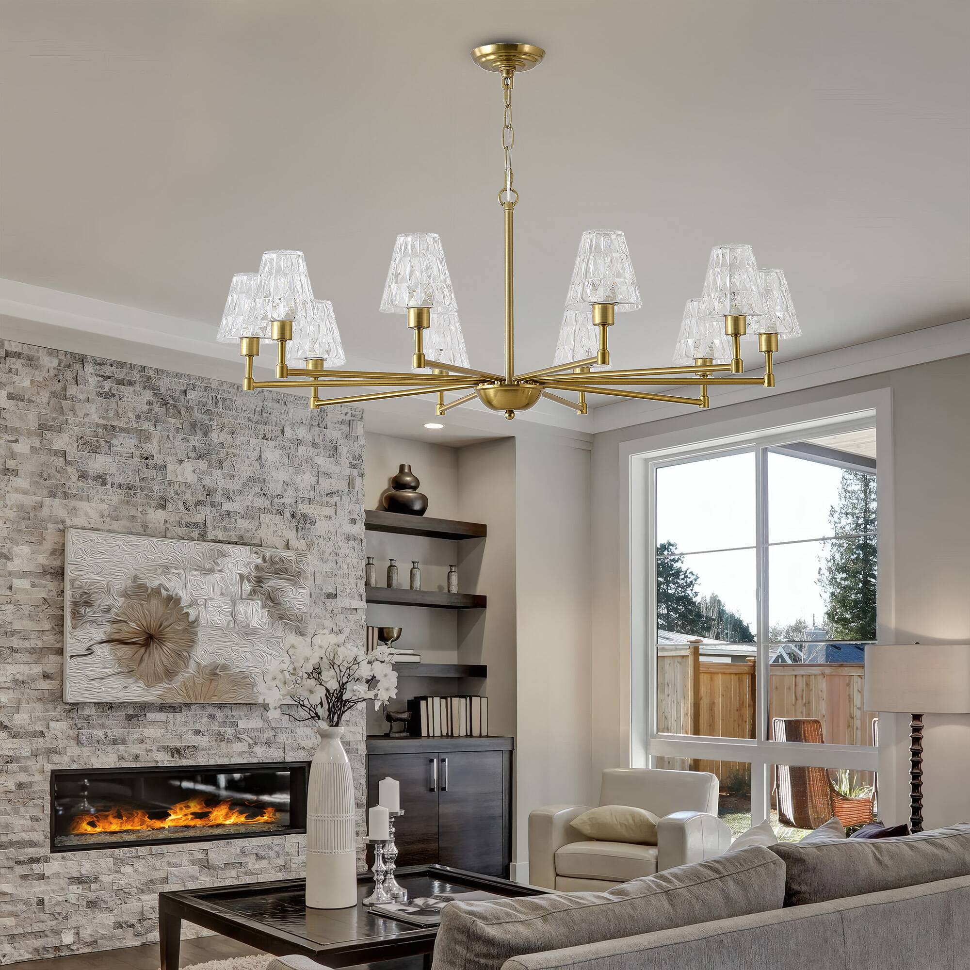Angle. RYHNUYNE - Mid-Century 10-Light Chandelier,Brushed Gold Pendant Chandelier,Modern Farmhouse Chandeliers for Dining Room Kitchen - Gold.