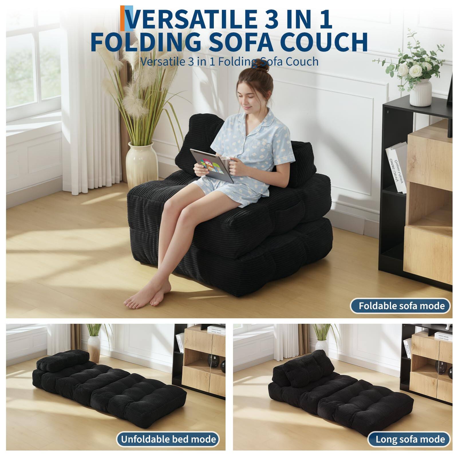 VERSATILE 3 IN 1 FOLDING SOFA COUCH  
Versatile 3 in 1 Folding Sofa Couch  

Foldable sofa mode  
Unfoldable bed mode  
Long sofa mode