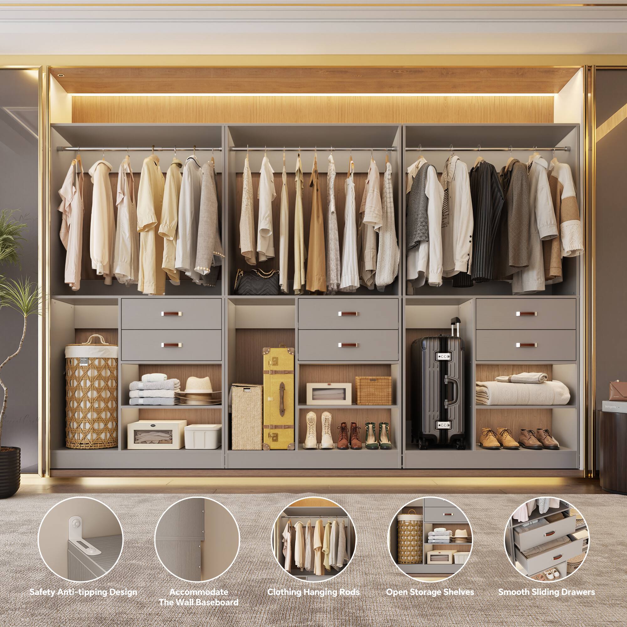 Safety Anti-tipping Design  
Accommodate The Wall Baseboard  
Clothing Hanging Rods  
Open Storage Shelves  
Smooth Sliding Drawers